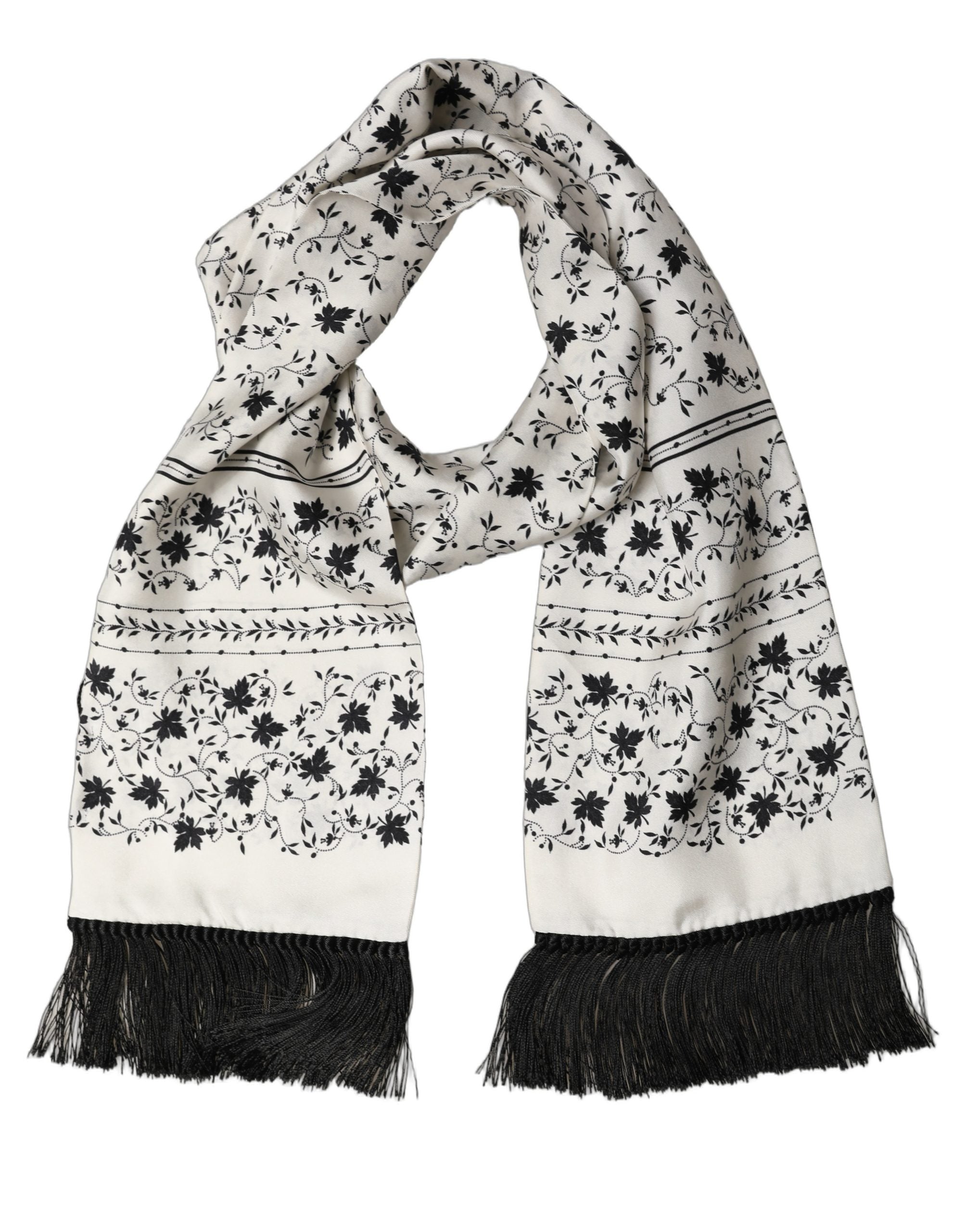 Dolce & Gabbana White Floral Silk Fringed Neck Shawl Scarf