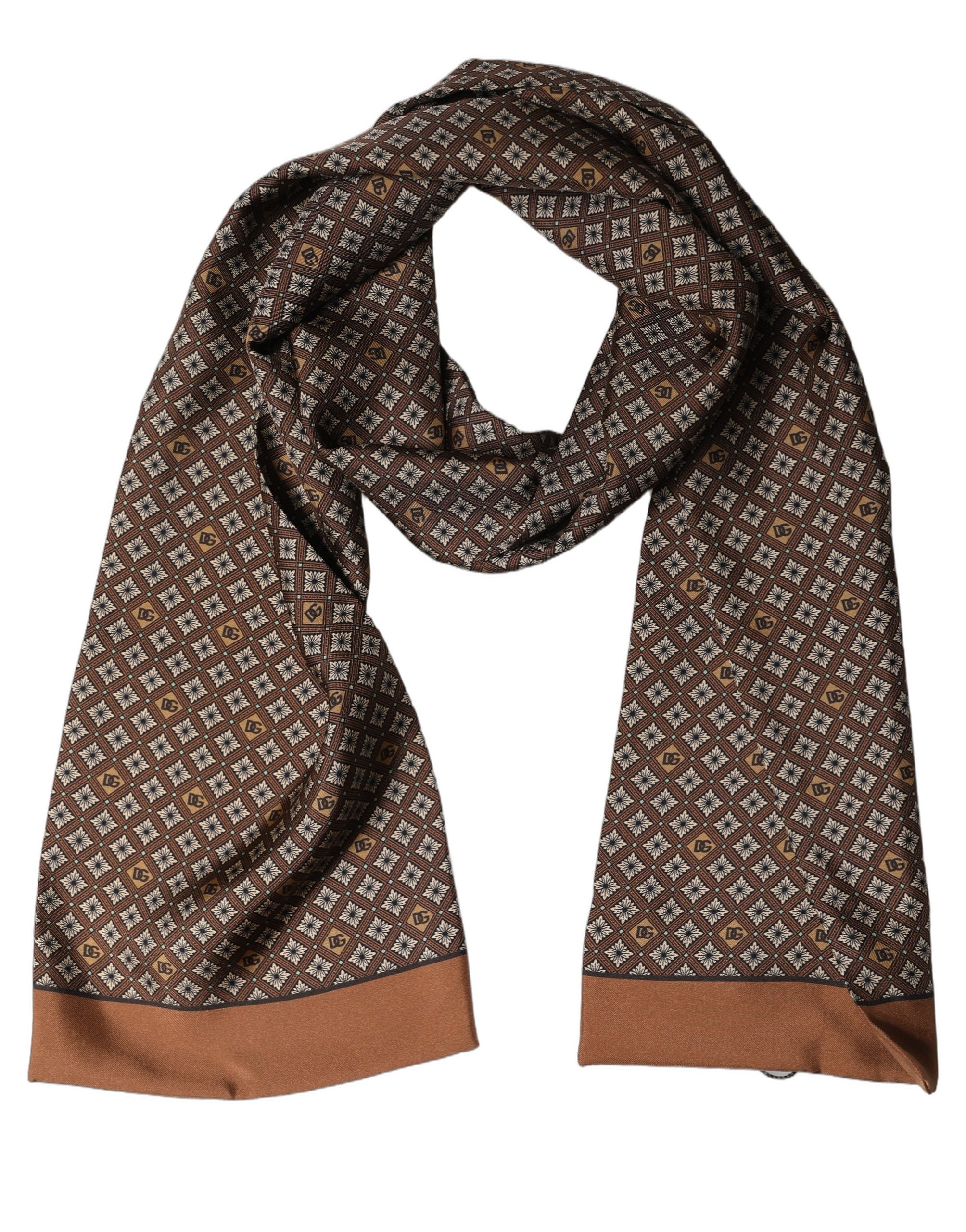 Dolce & Gabbana Brown Geometric Silk Men Neck Shawl Scarf