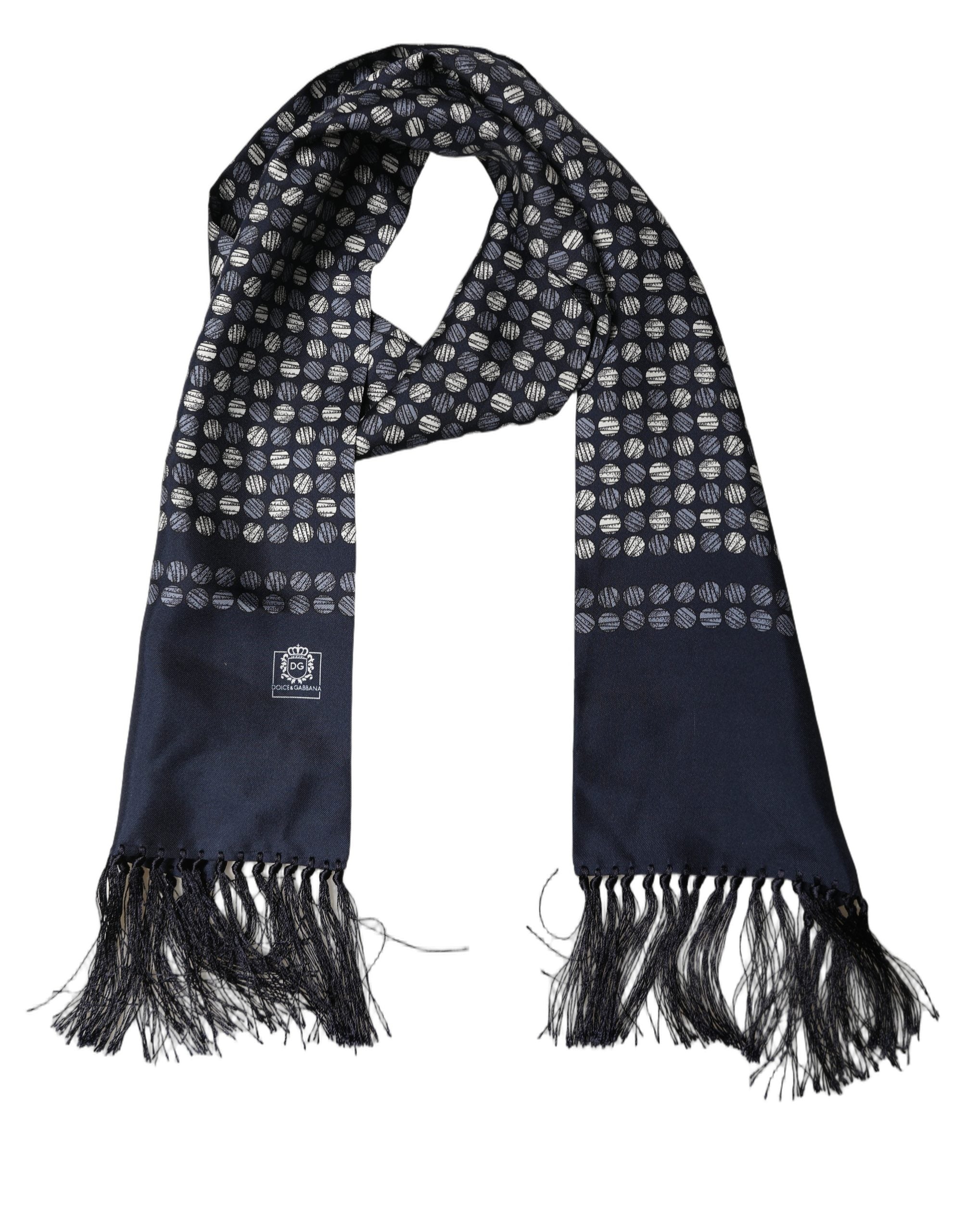 Dolce & Gabbana Men Navy Blue Geometric Dot Silk Fringed Neck Shawl Scarf