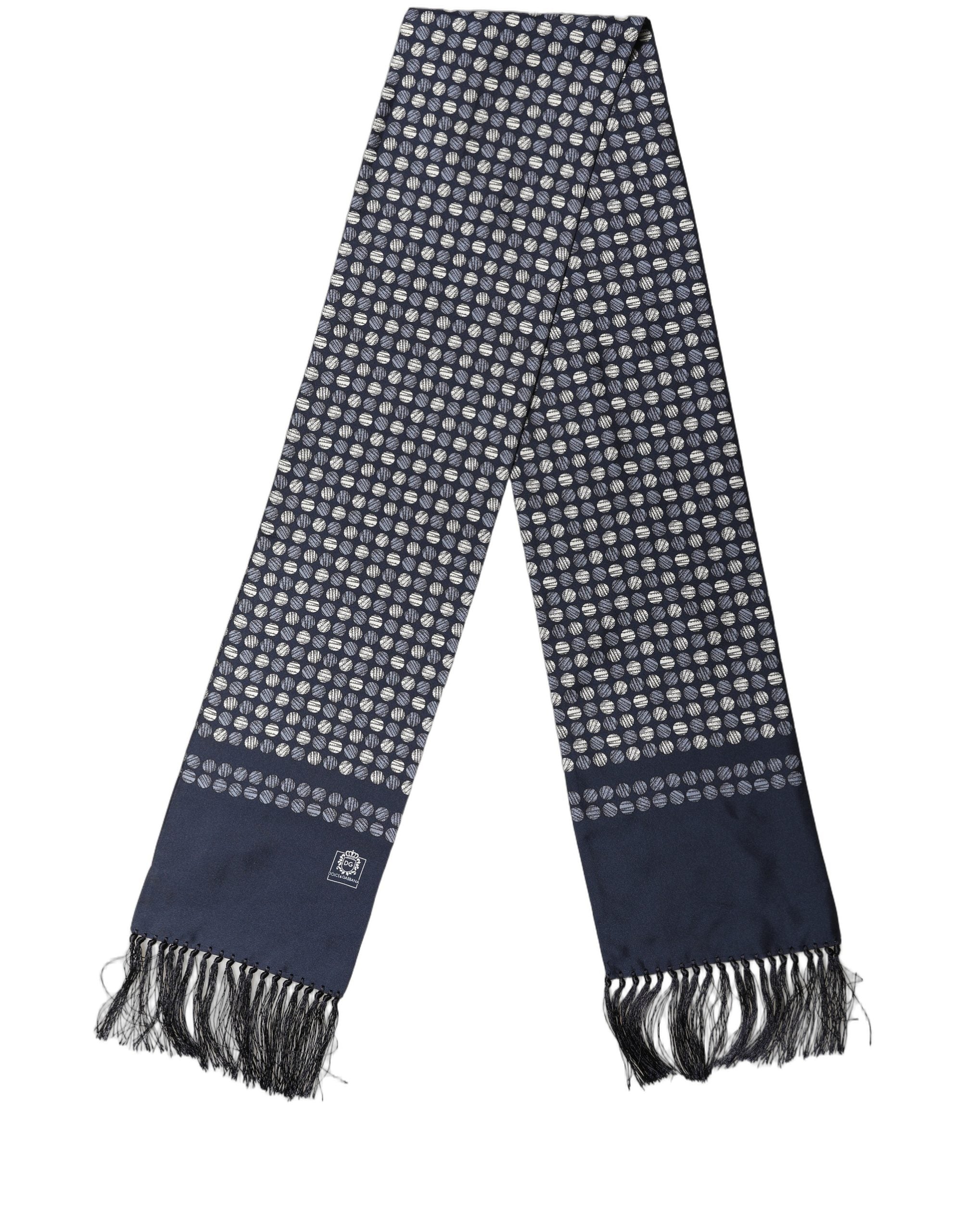 Dolce & Gabbana Men Navy Blue Geometric Dot Silk Fringed Neck Shawl Scarf