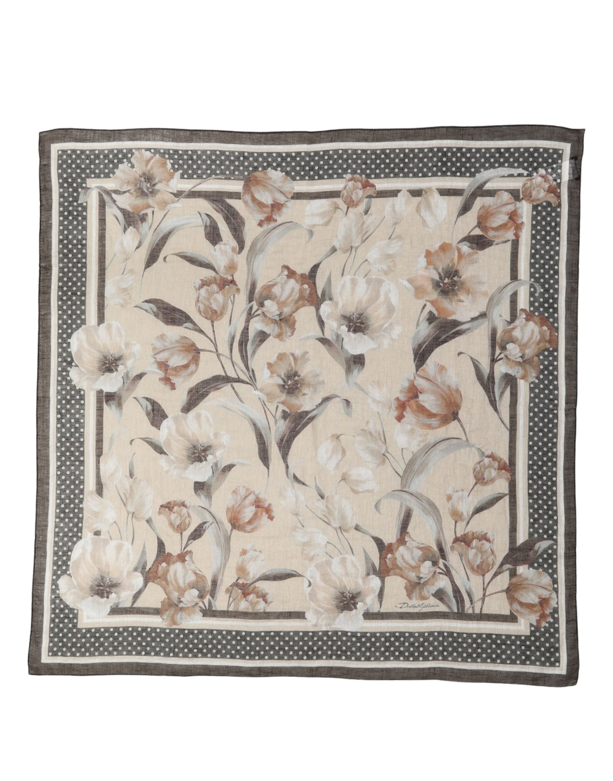 Dolce & Gabbana Men Beige Floral Linen Square Foulard Scarf