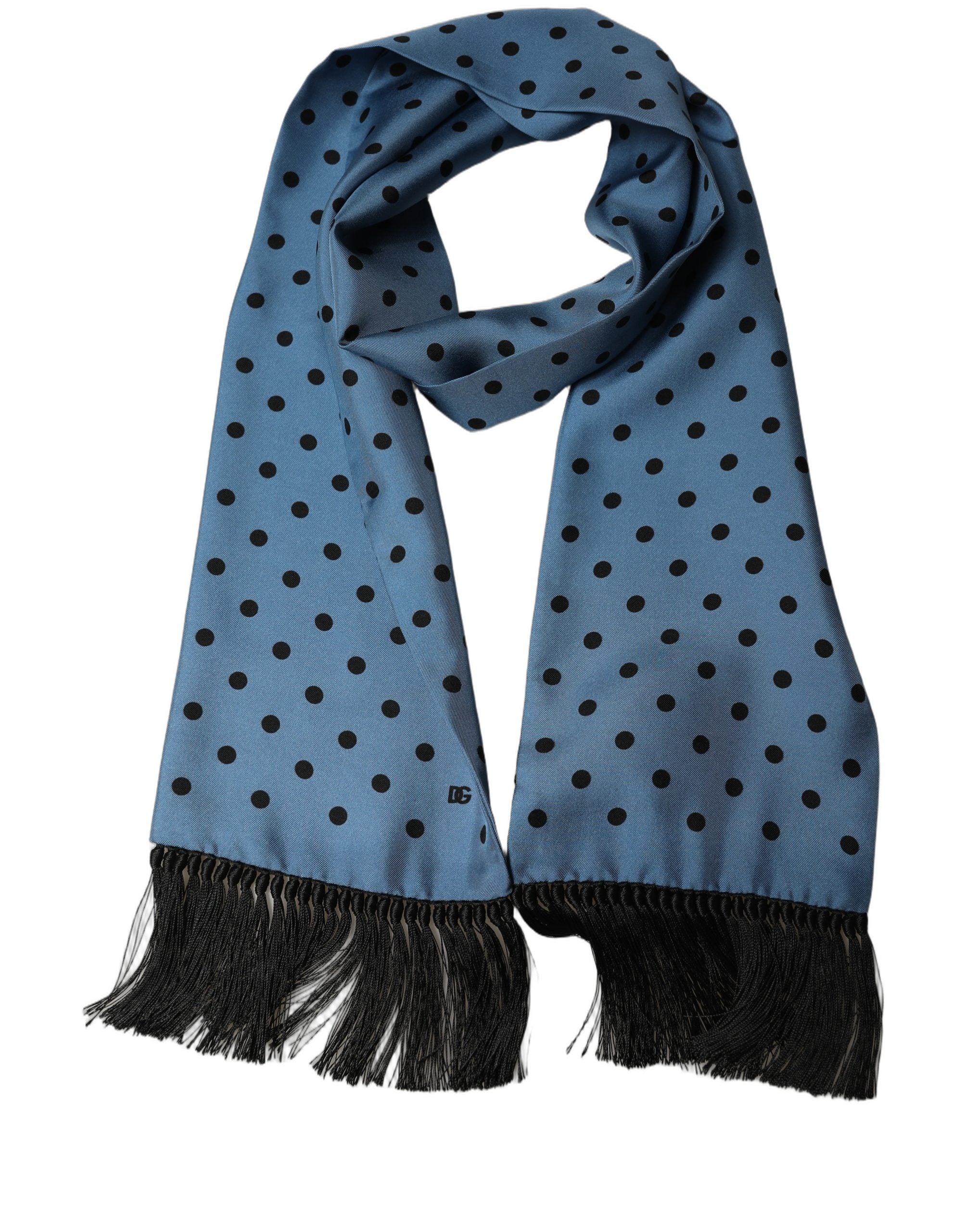 Dolce & Gabbana Blue Polka Dot Silk Fringed Lace Stole Scarf