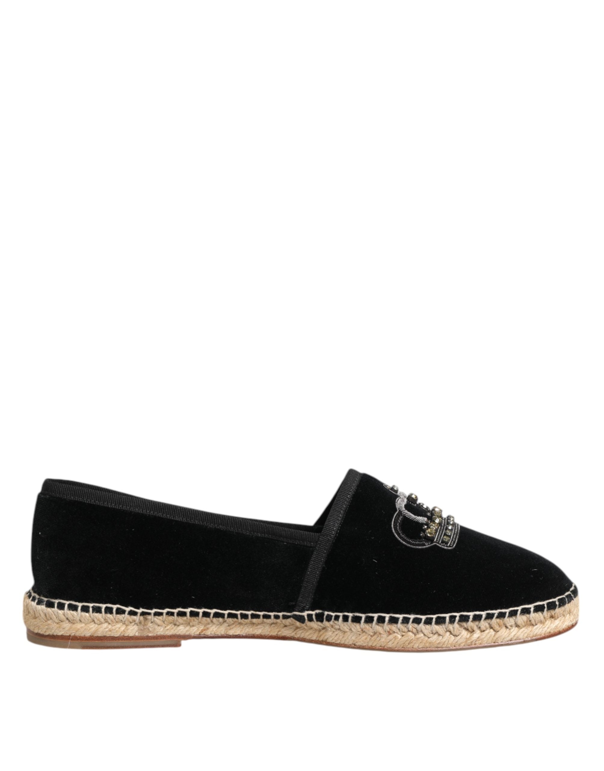 Dolce & Gabbana Black Embellished Crown Flat Espadrilles Shoes