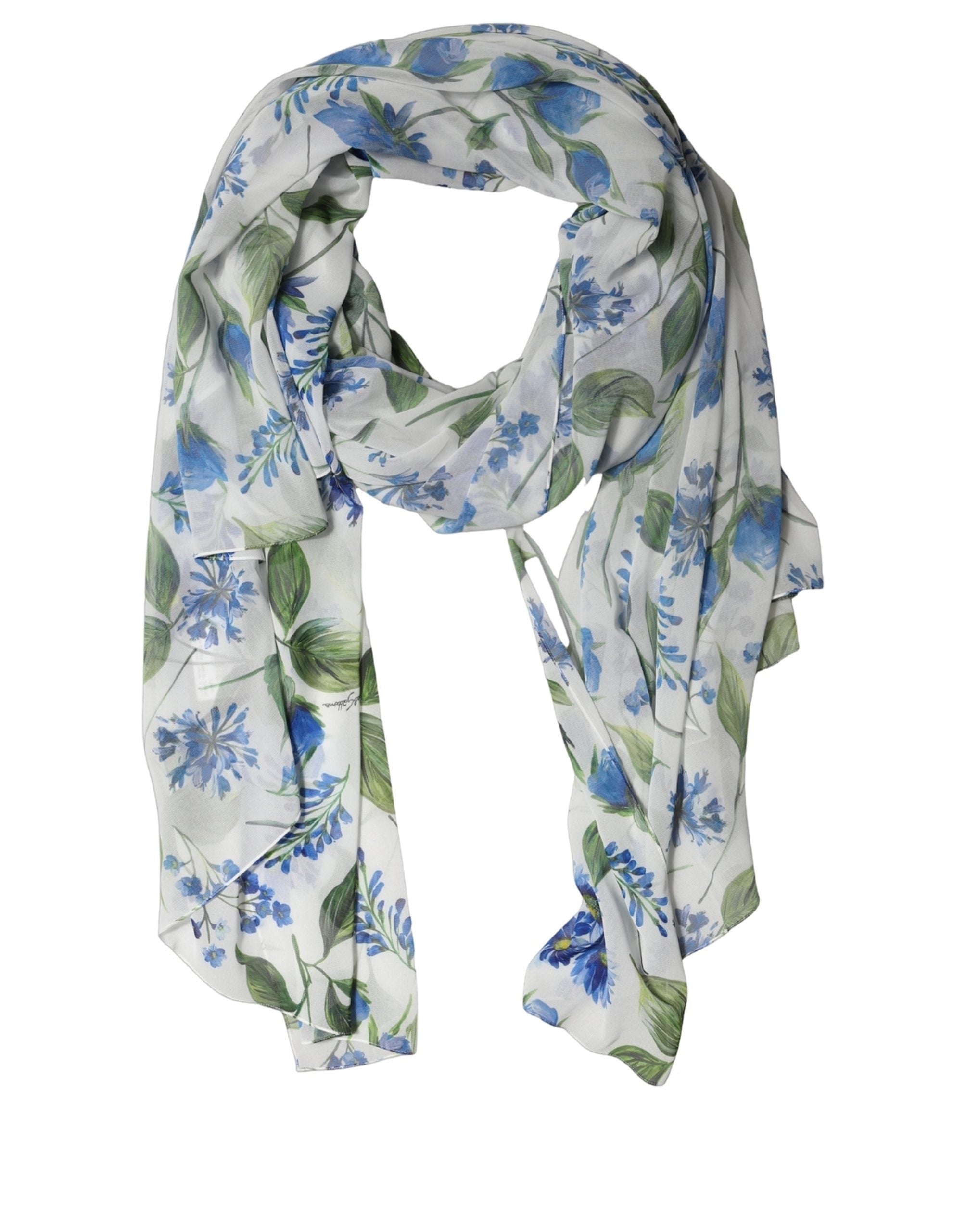 Dolce & Gabbana White Blue Floral Polyester Stole Scarf
