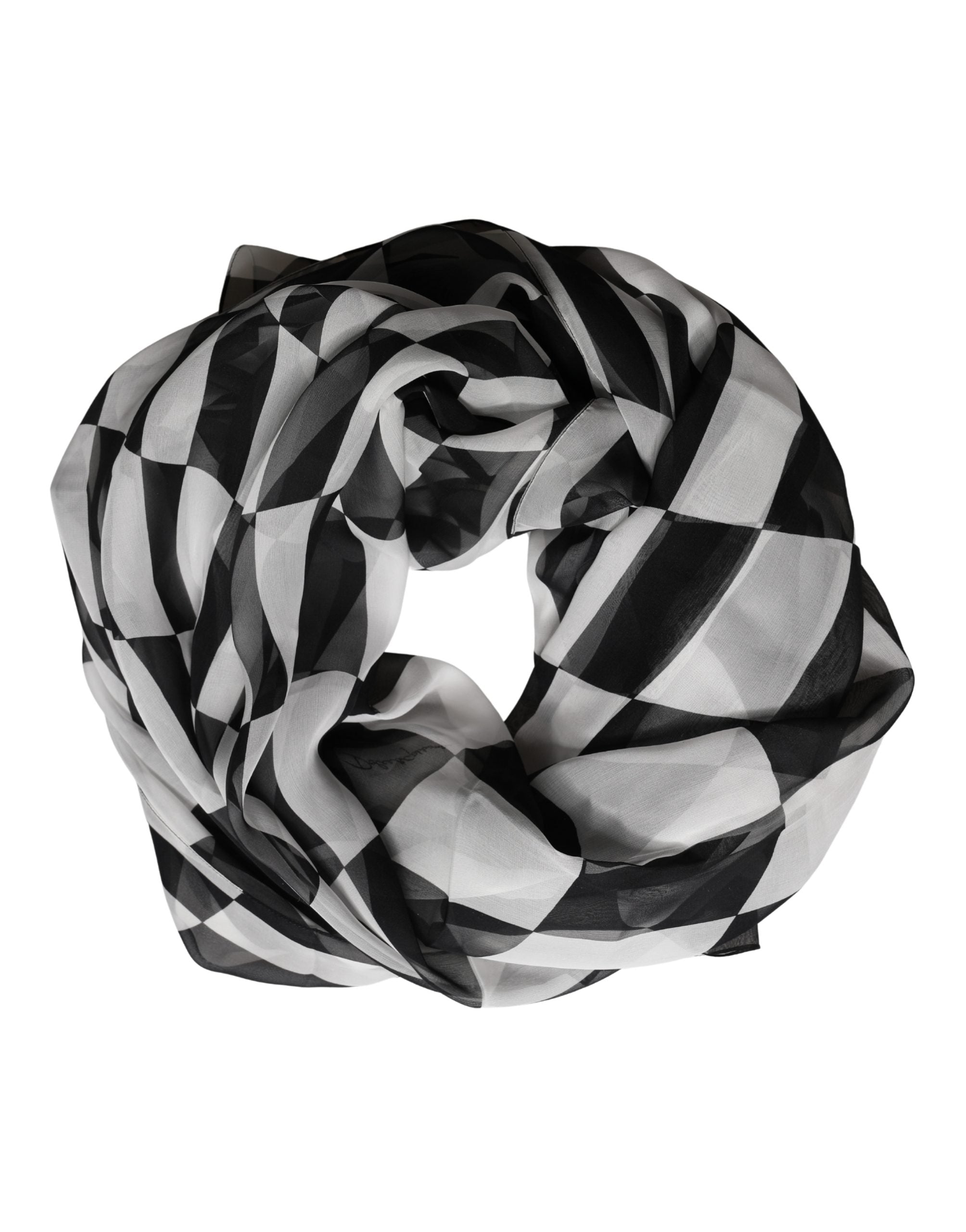 Dolce & Gabbana White Black Checkered Silk Foulard Scarf