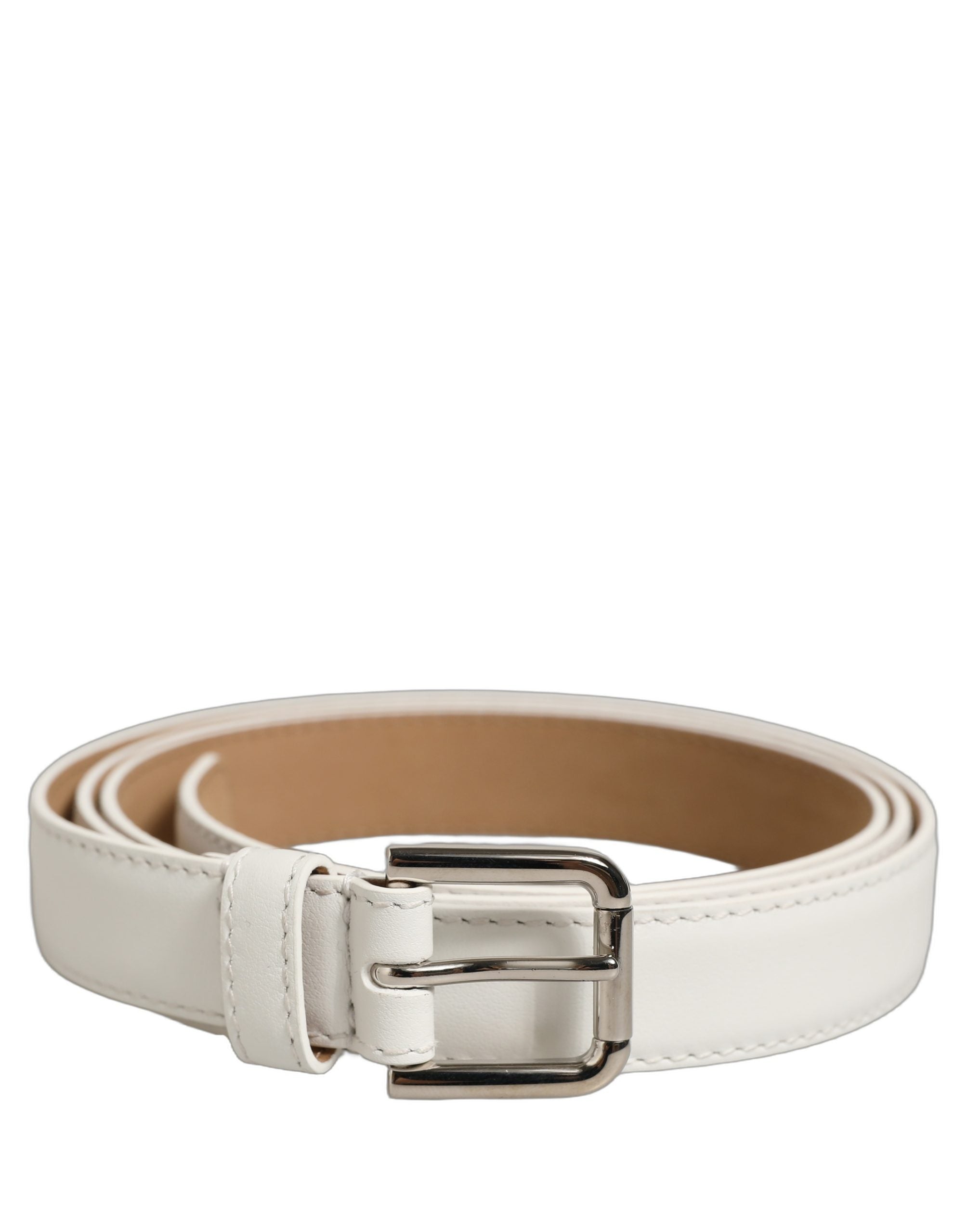 Dolce & Gabbana White Leather Silver Tone Metal Buckle Belt