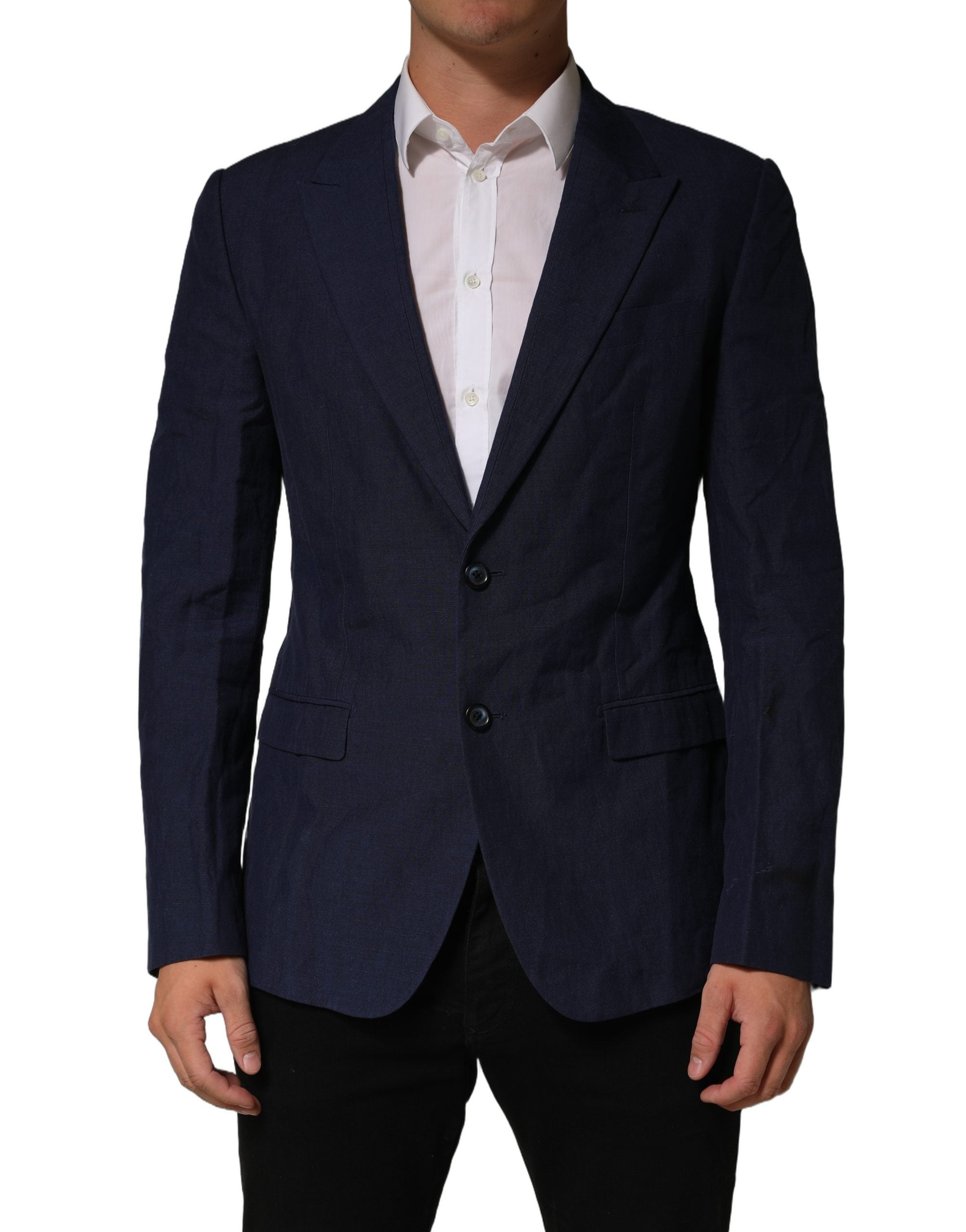 Dolce & Gabbana Dark Blue Flax Men Single Breasted Jacket