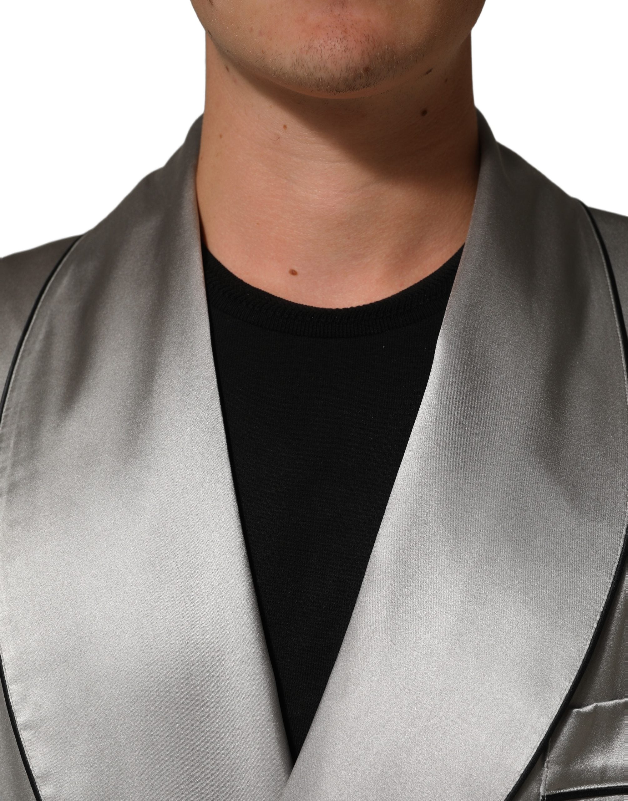 Dolce & Gabbana Gray Silk Satin Robe Embroidered Jacket
