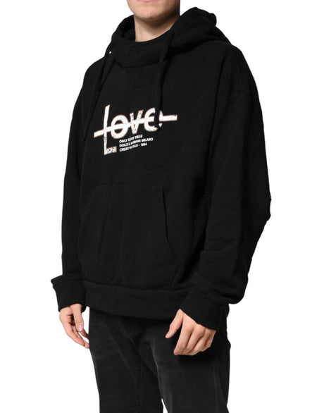 Dolce & Gabbana Black Cotton Printed Men Hooded Sweatshirt Sweater