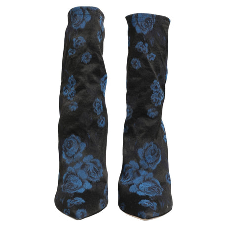 Dolce & Gabbana Black Blue Floral Stretch Sock Boots Shoes