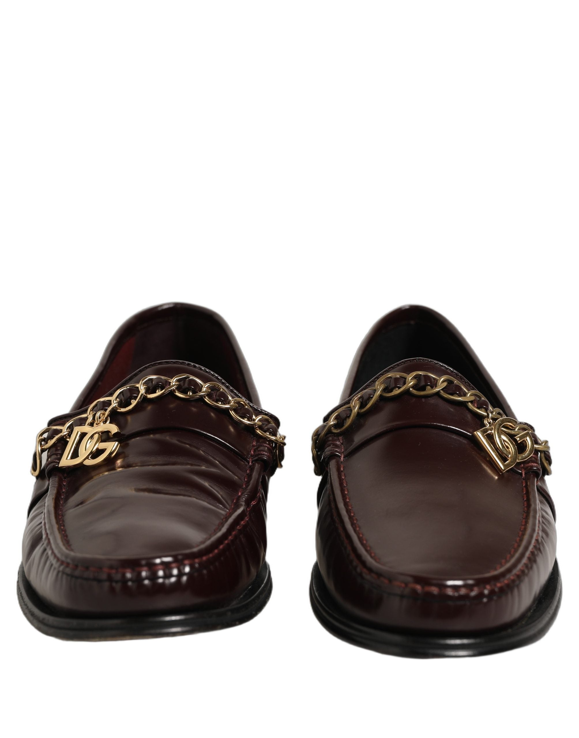 Dolce & Gabbana Maroon DG Chain Calfskin Leather Loafers Shoes
