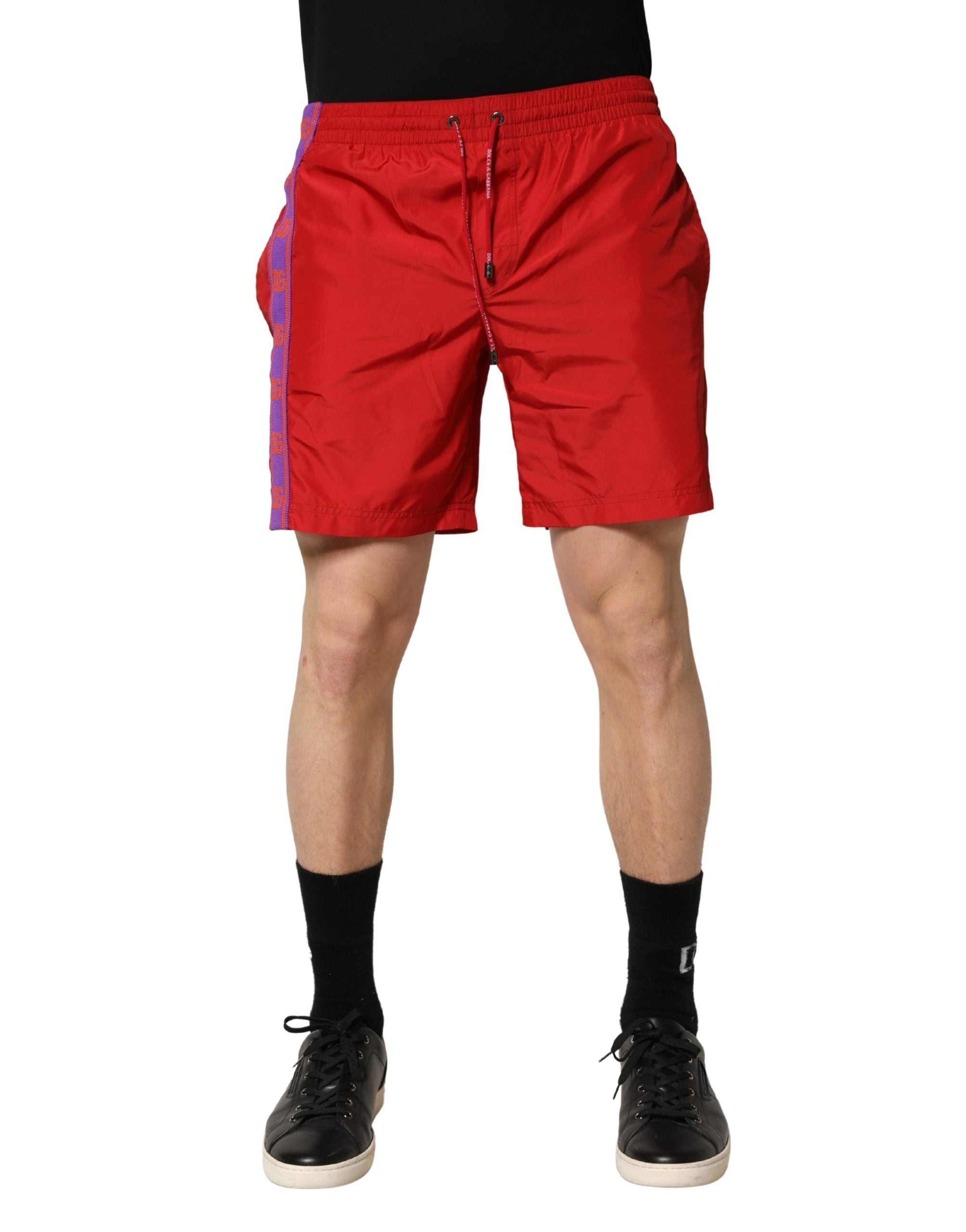 Dolce & Gabbana Red Polyester Drawstring Beach Shorts Swimwear