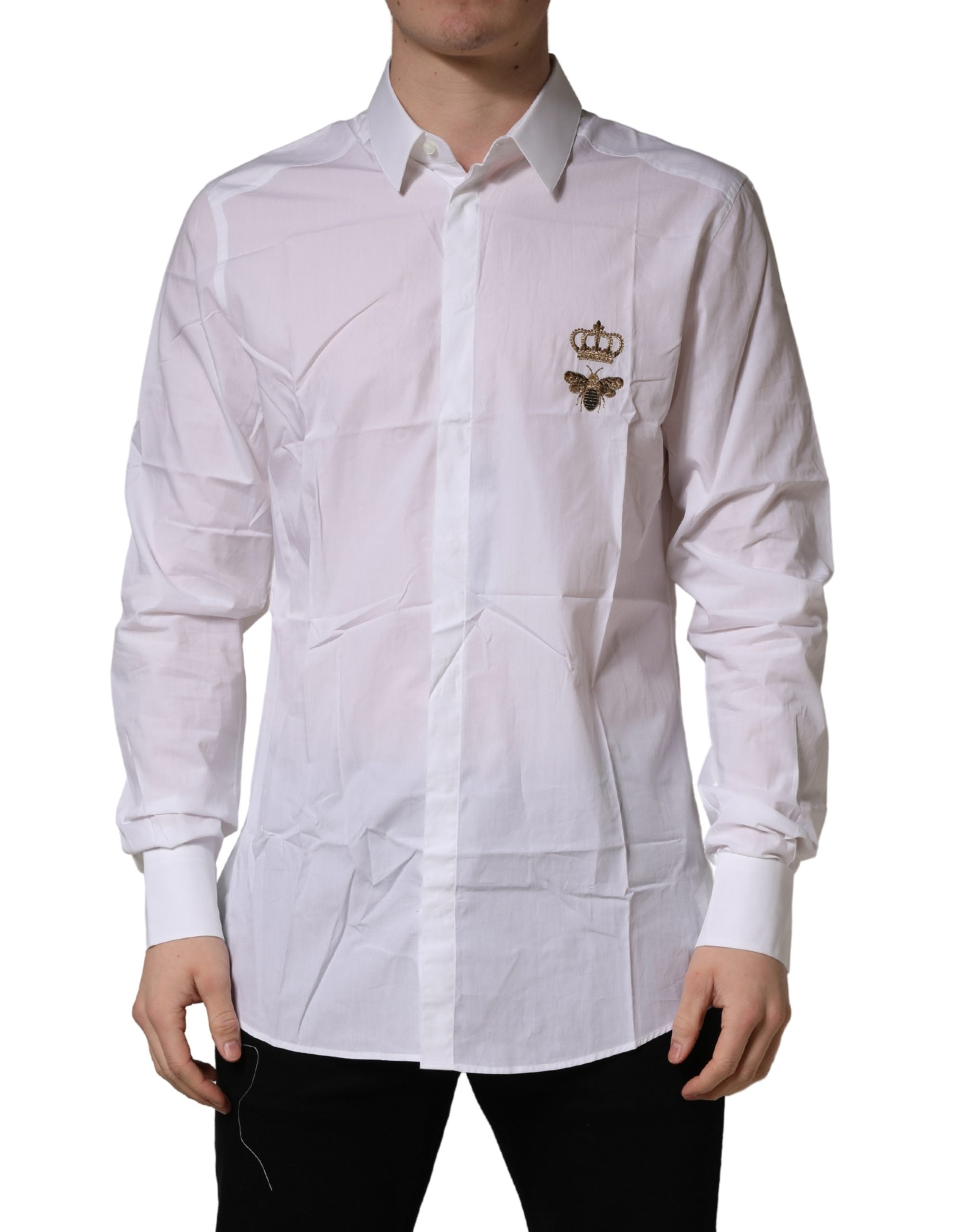 Dolce & Gabbana White GOLD Crown Bee Cotton Formal Dress Shirt