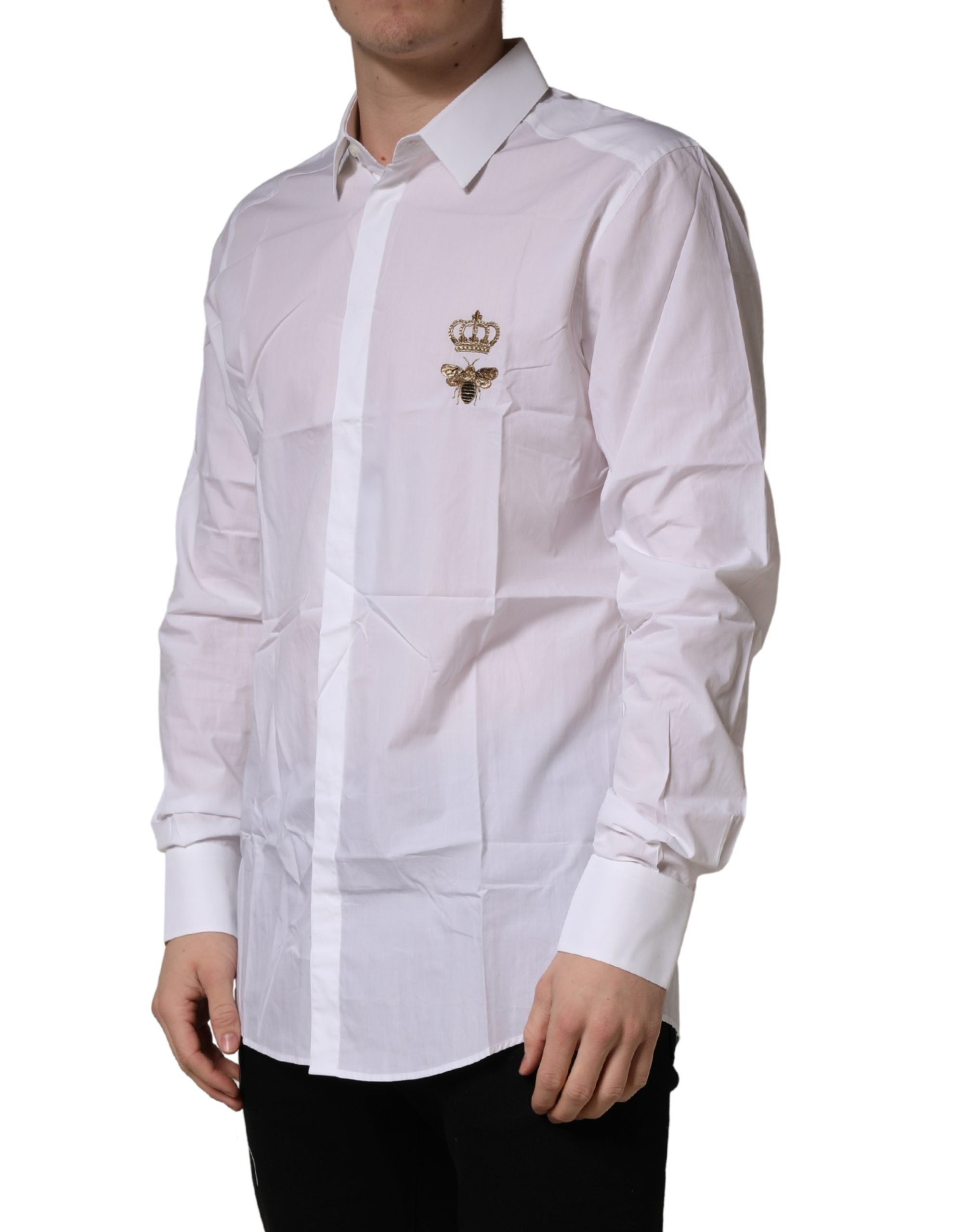 Dolce & Gabbana White GOLD Crown Bee Cotton Formal Dress Shirt