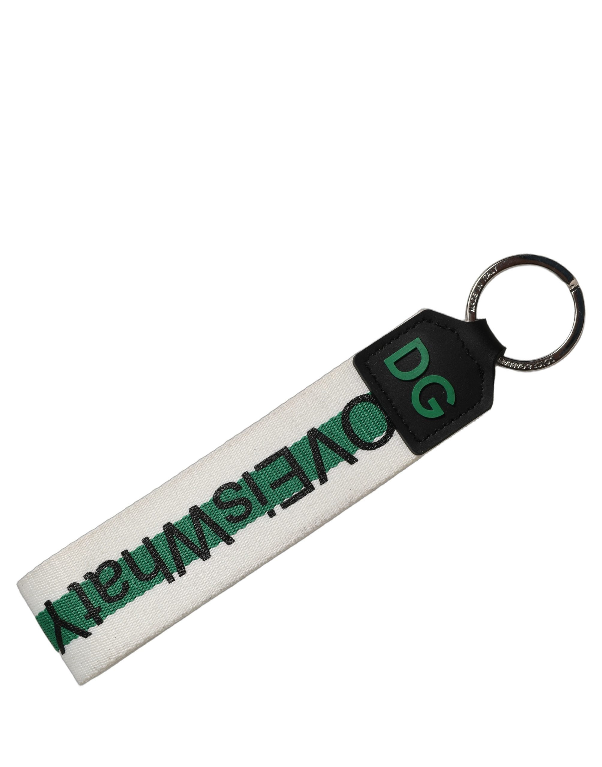 Dolce & Gabbana Green Logo Polyester Silver Brass Holder Keychain Keyring