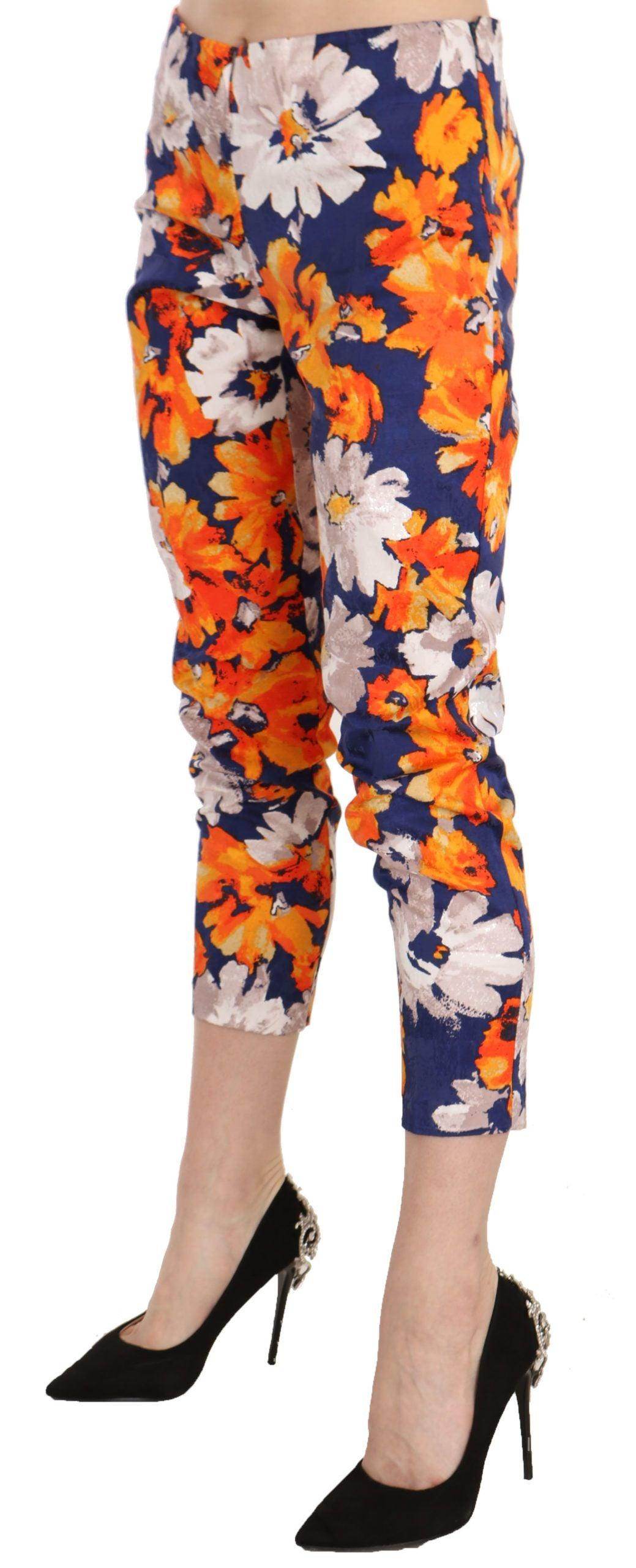 LANACAPRINA Blue Floral Print Skinny Slim Fit Trousers Pants - Hilstor