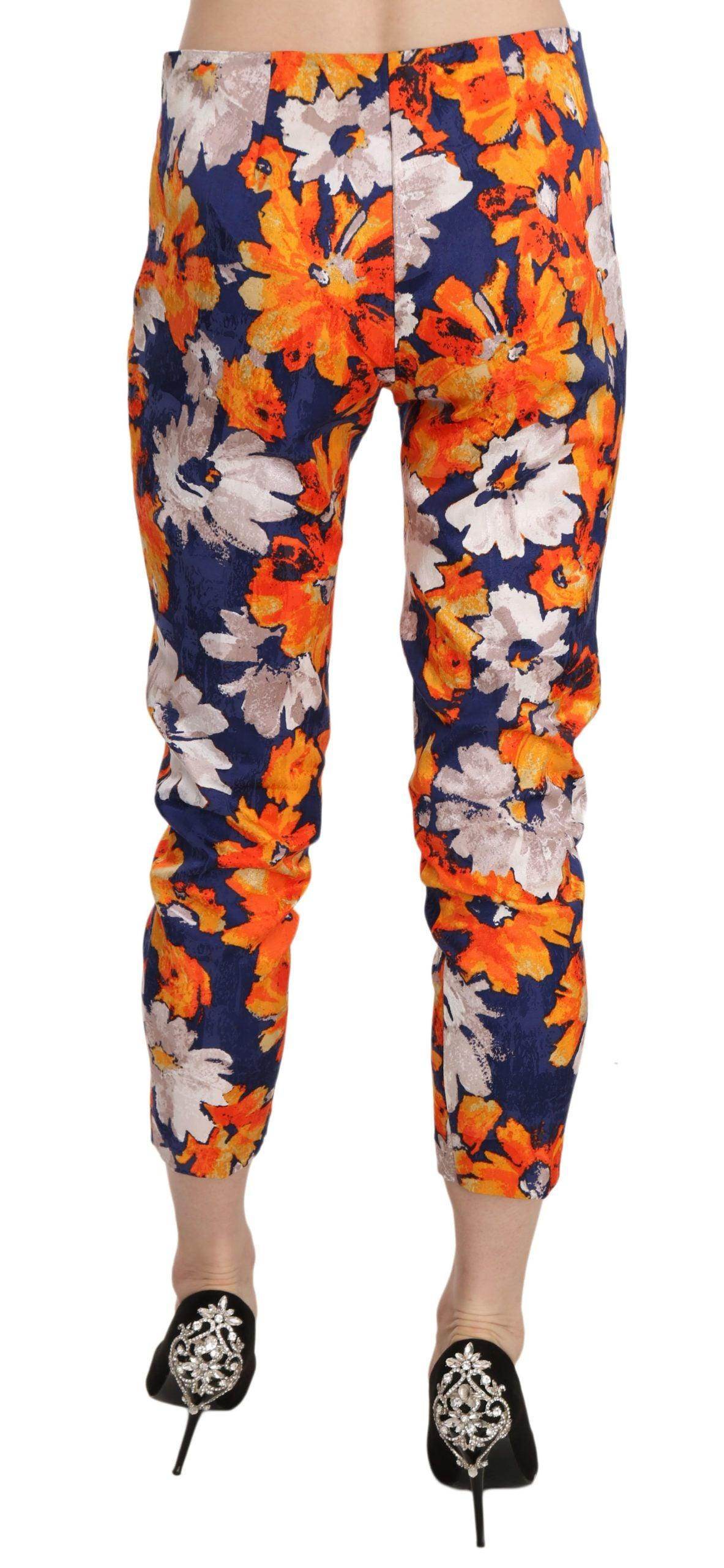 LANACAPRINA Blue Floral Print Skinny Slim Fit Trousers Pants - Hilstor