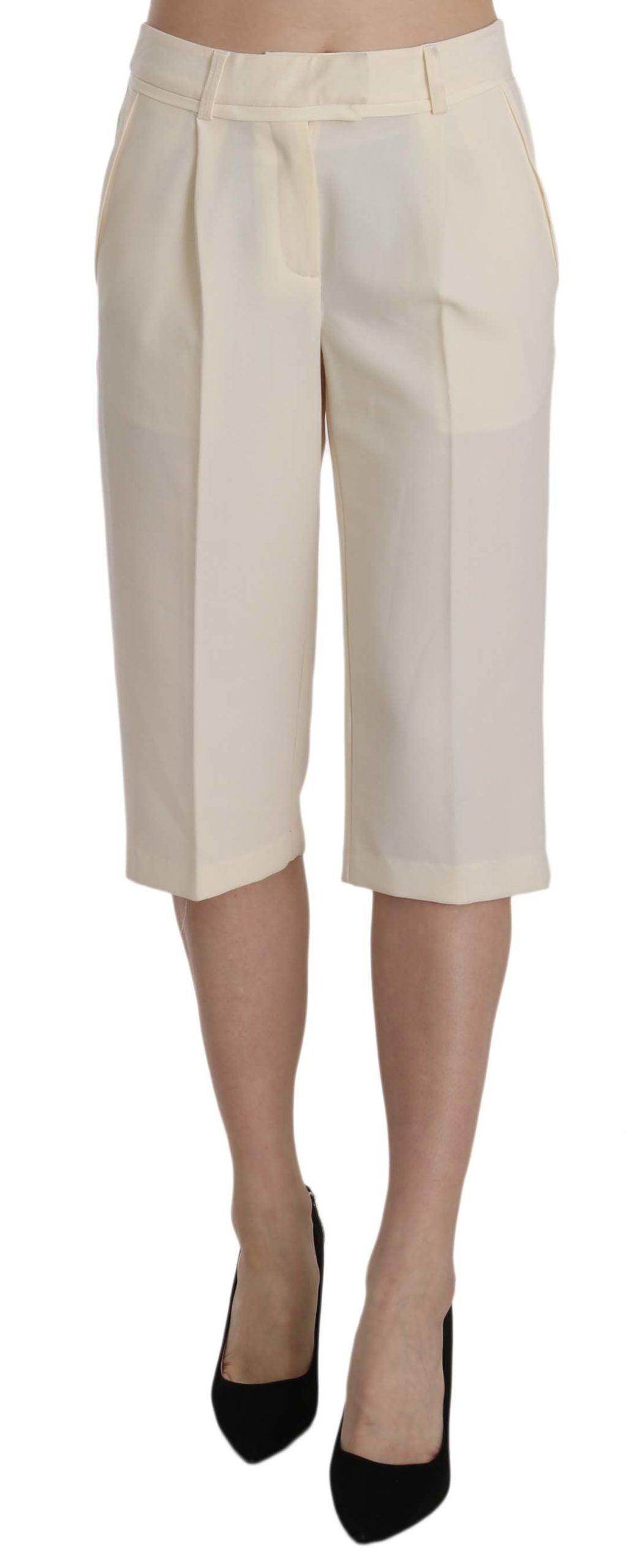 Silvian Heach Cream Mid Waist Cotton Straight Cropped Pants - Hilstor