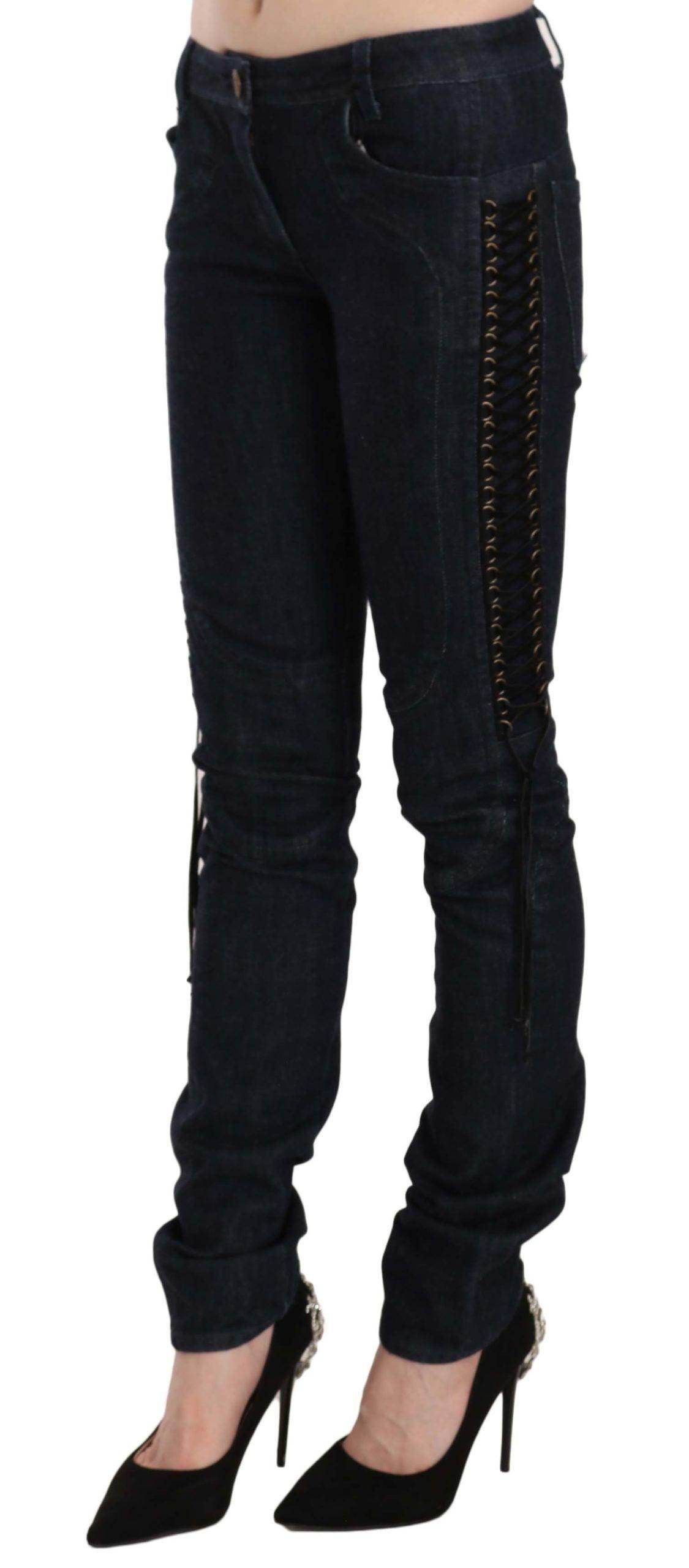 Just Cavalli Blue Low Waist Skinny Trousers Braided String Pants - Hilstor
