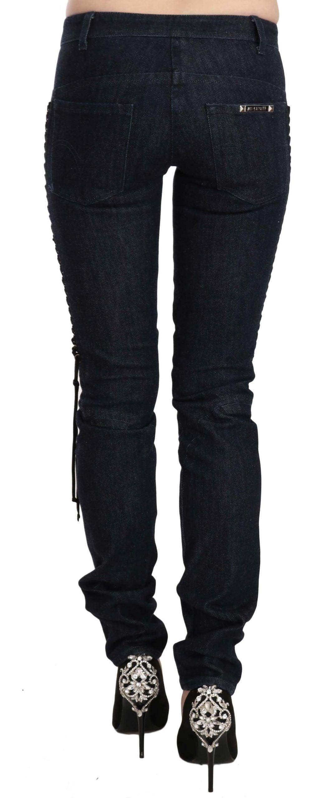 Just Cavalli Blue Low Waist Skinny Trousers Braided String Pants - Hilstor