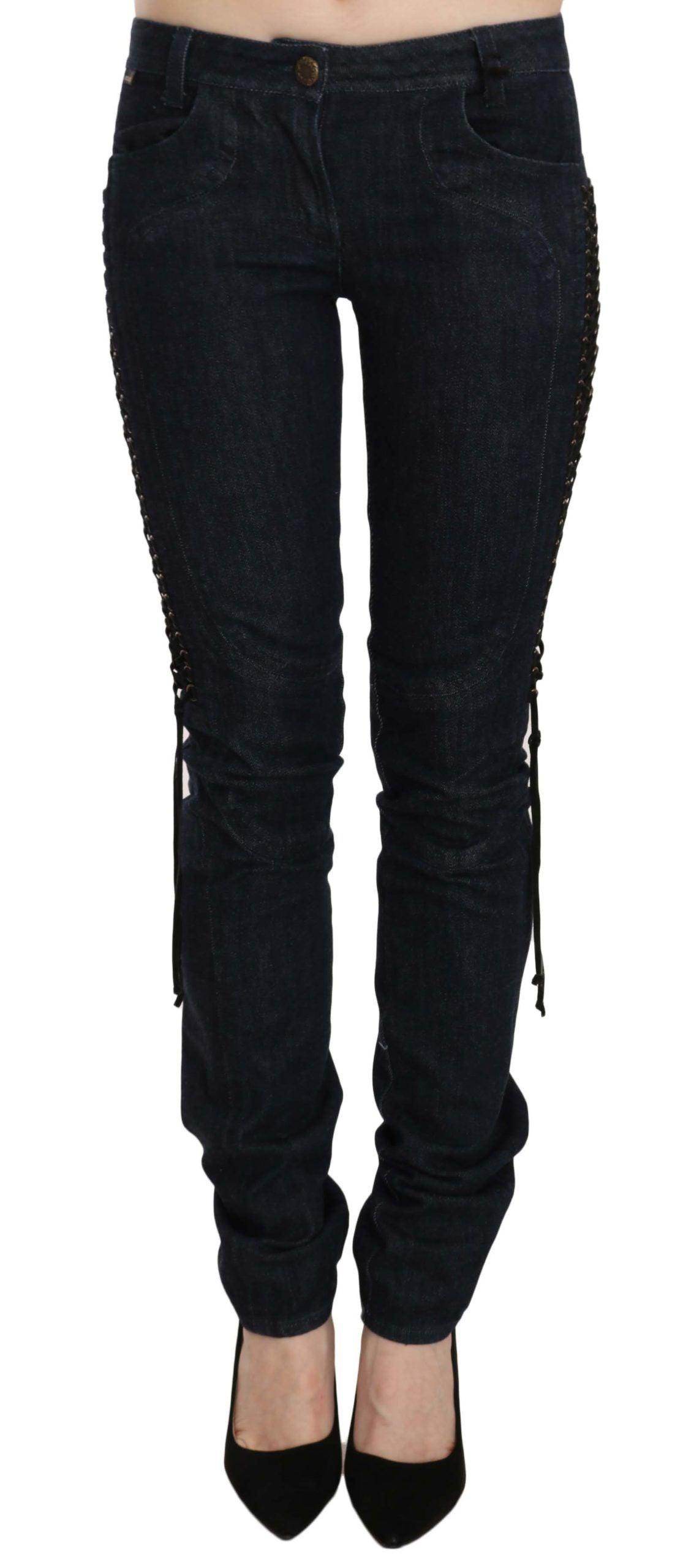 Just Cavalli Blue Low Waist Skinny Trousers Braided String Pants - Hilstor