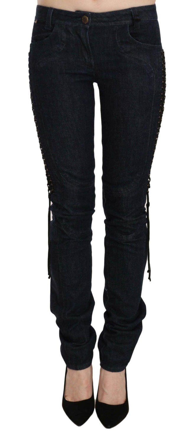Just Cavalli Blue Low Waist Skinny Trousers Braided String Pants - Hilstor