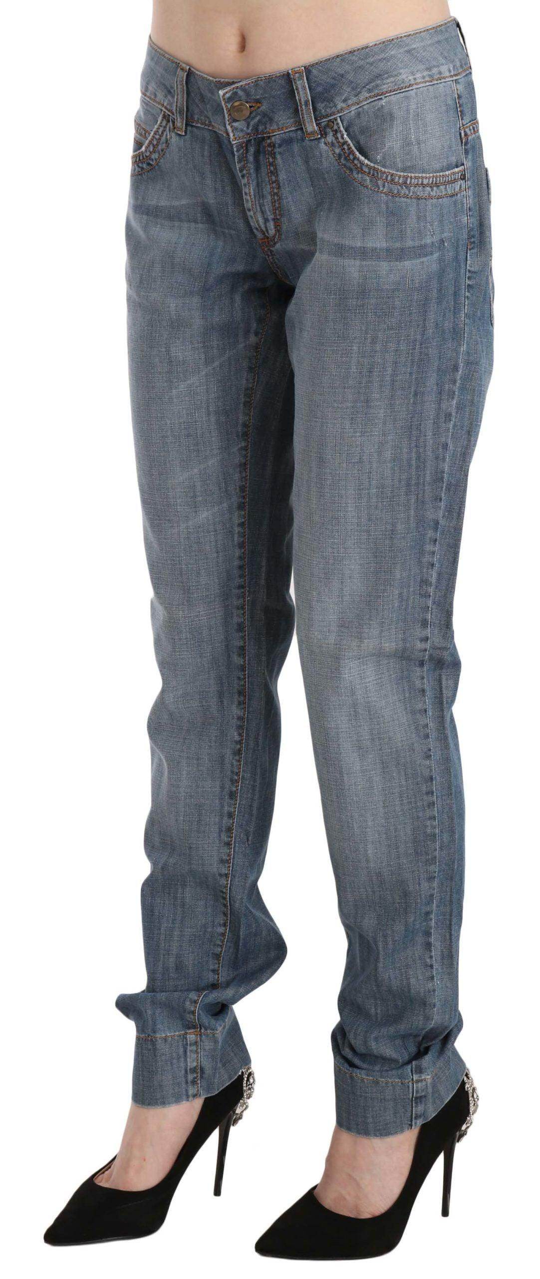 Just Cavalli Blue Washed Cotton Low Waist Slim Fit Denim Pants - Hilstor