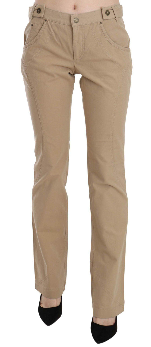Just Cavalli Beige Cotton Mid Waist Straight Trousers Pants - Hilstor