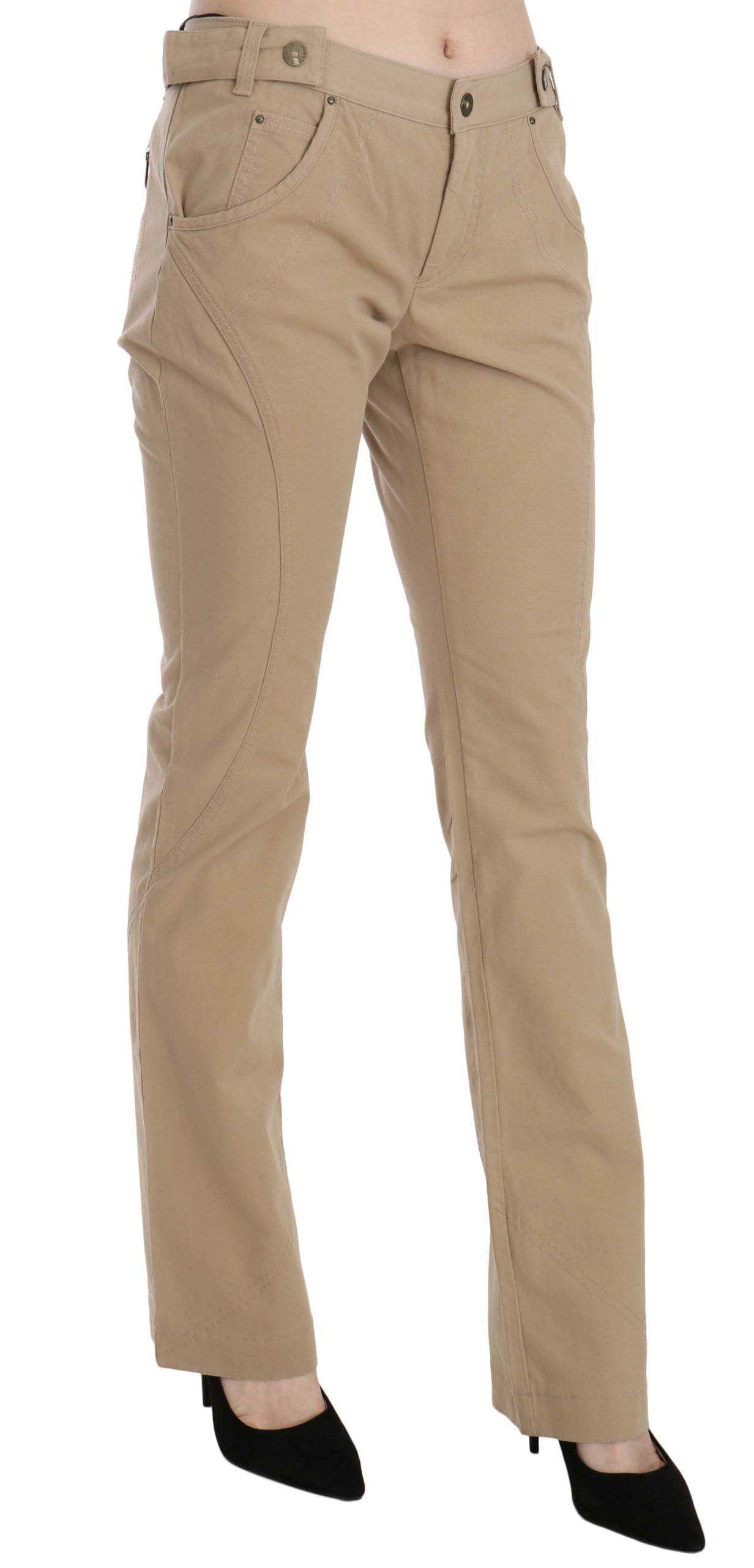 Just Cavalli Beige Cotton Mid Waist Straight Trousers Pants - Hilstor