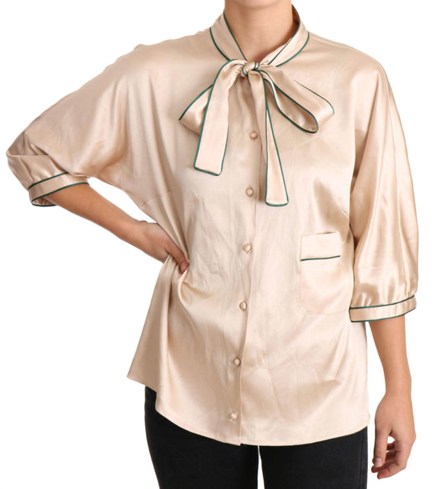 Dolce & Gabbana Beige Ribbon Silk Stretch Top Blouse - Hilstor