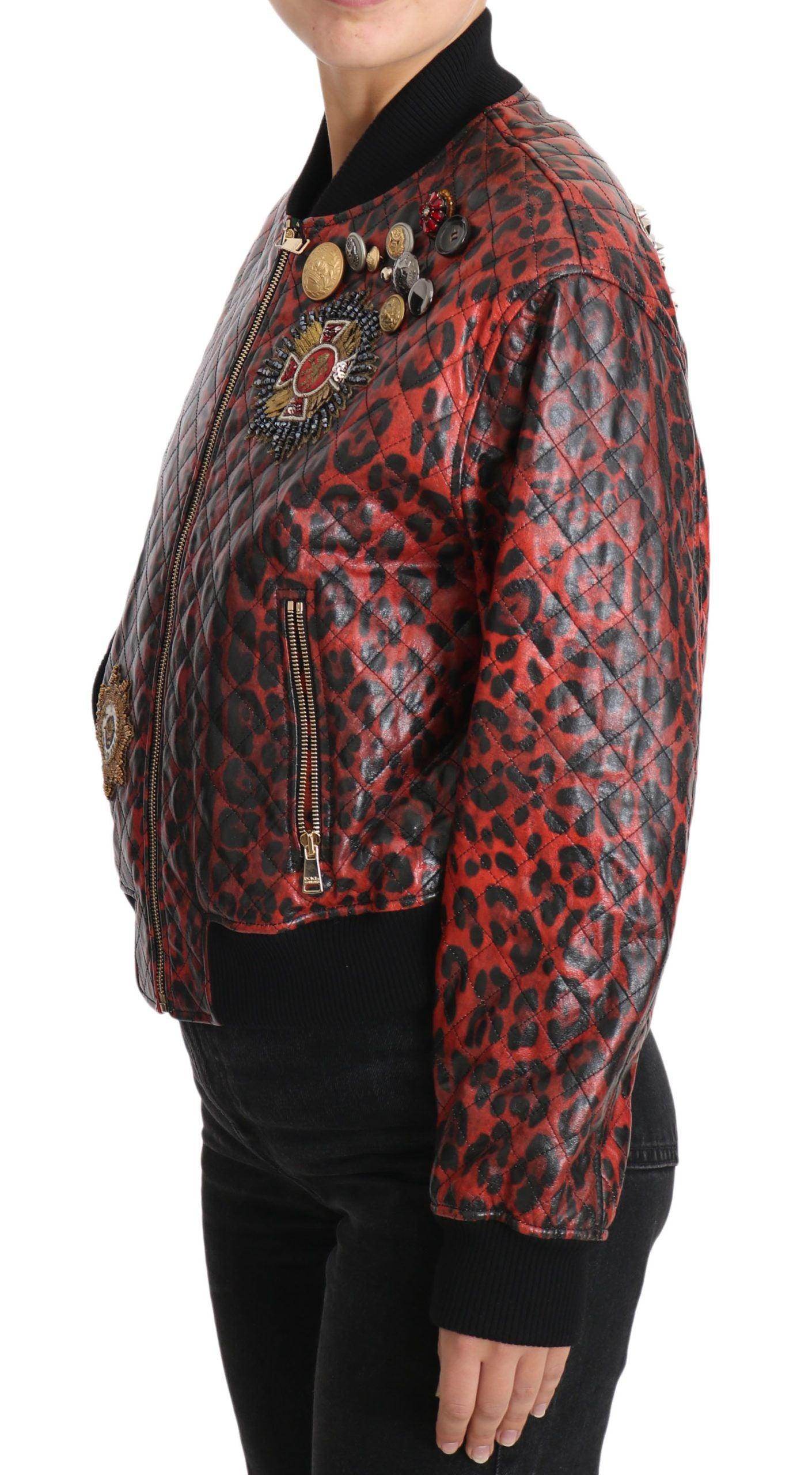 Dolce & Gabbana Red Leopard Bomber Leather Jacket with Crystal Buttons - Hilstor
