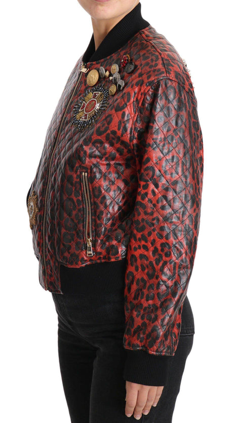 Dolce & Gabbana Red Leopard Bomber Leather Jacket with Crystal Buttons - Hilstor