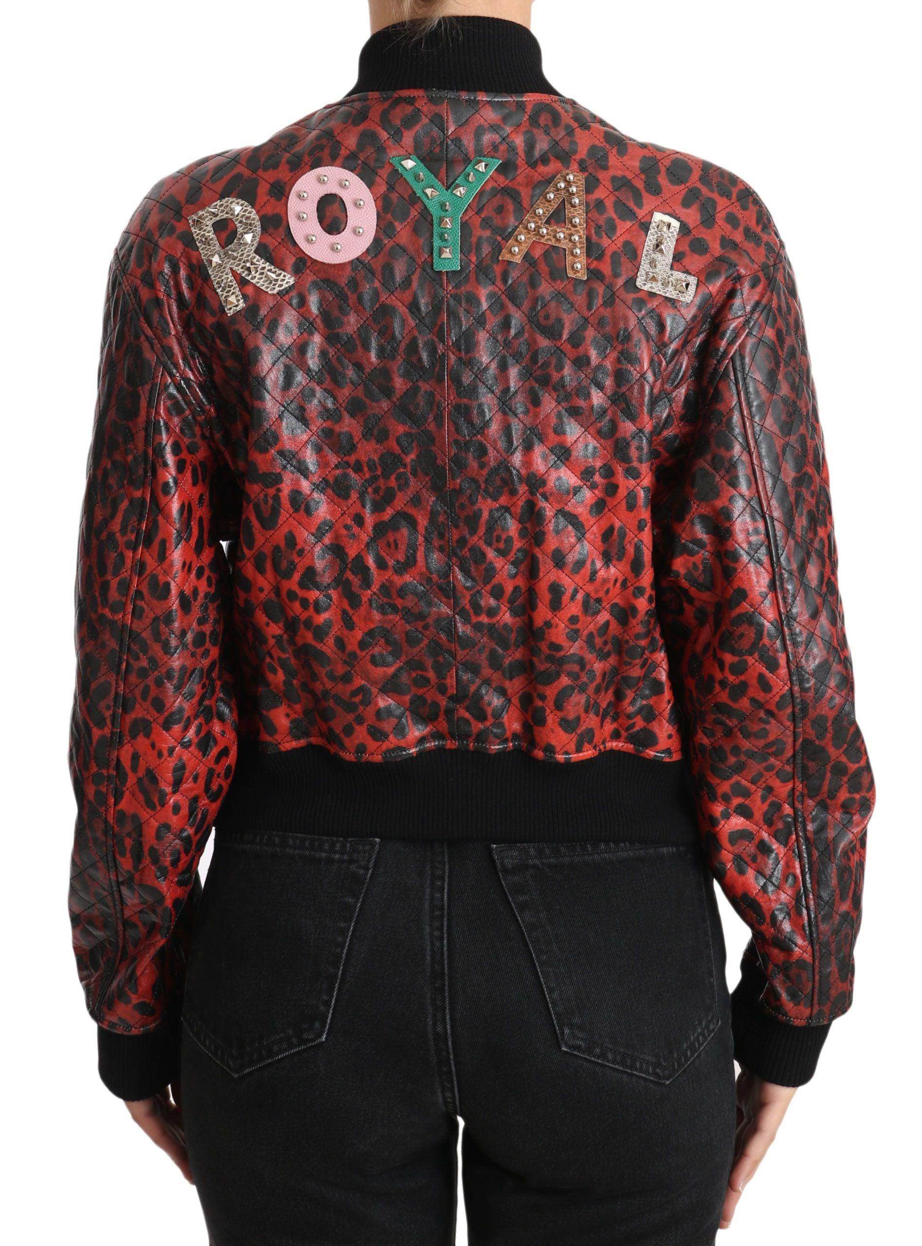Dolce & Gabbana Red Leopard Bomber Leather Jacket with Crystal Buttons - Hilstor
