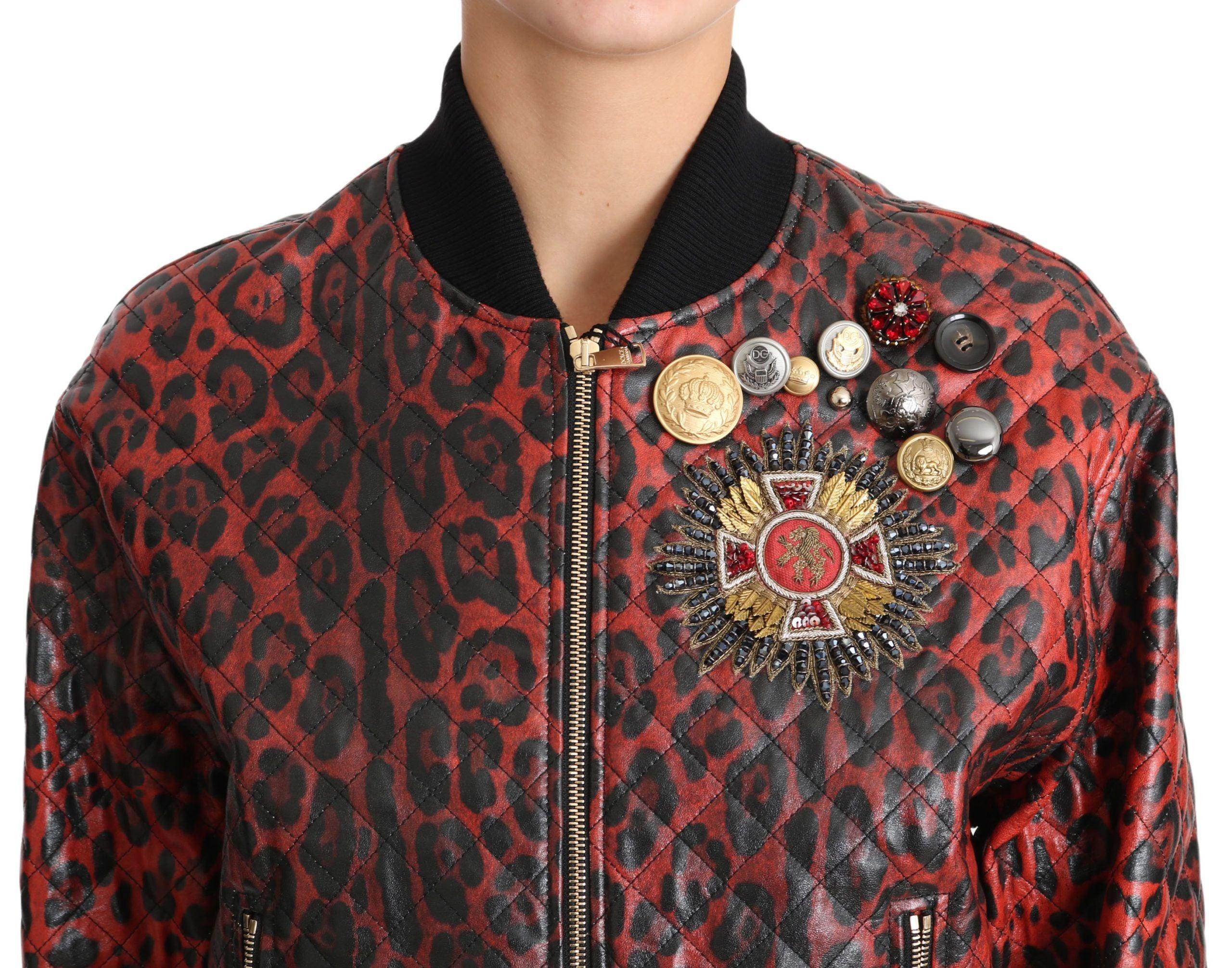 Dolce & Gabbana Red Leopard Bomber Leather Jacket with Crystal Buttons - Hilstor
