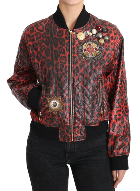 Dolce & Gabbana Red Leopard Bomber Leather Jacket with Crystal Buttons - Hilstor
