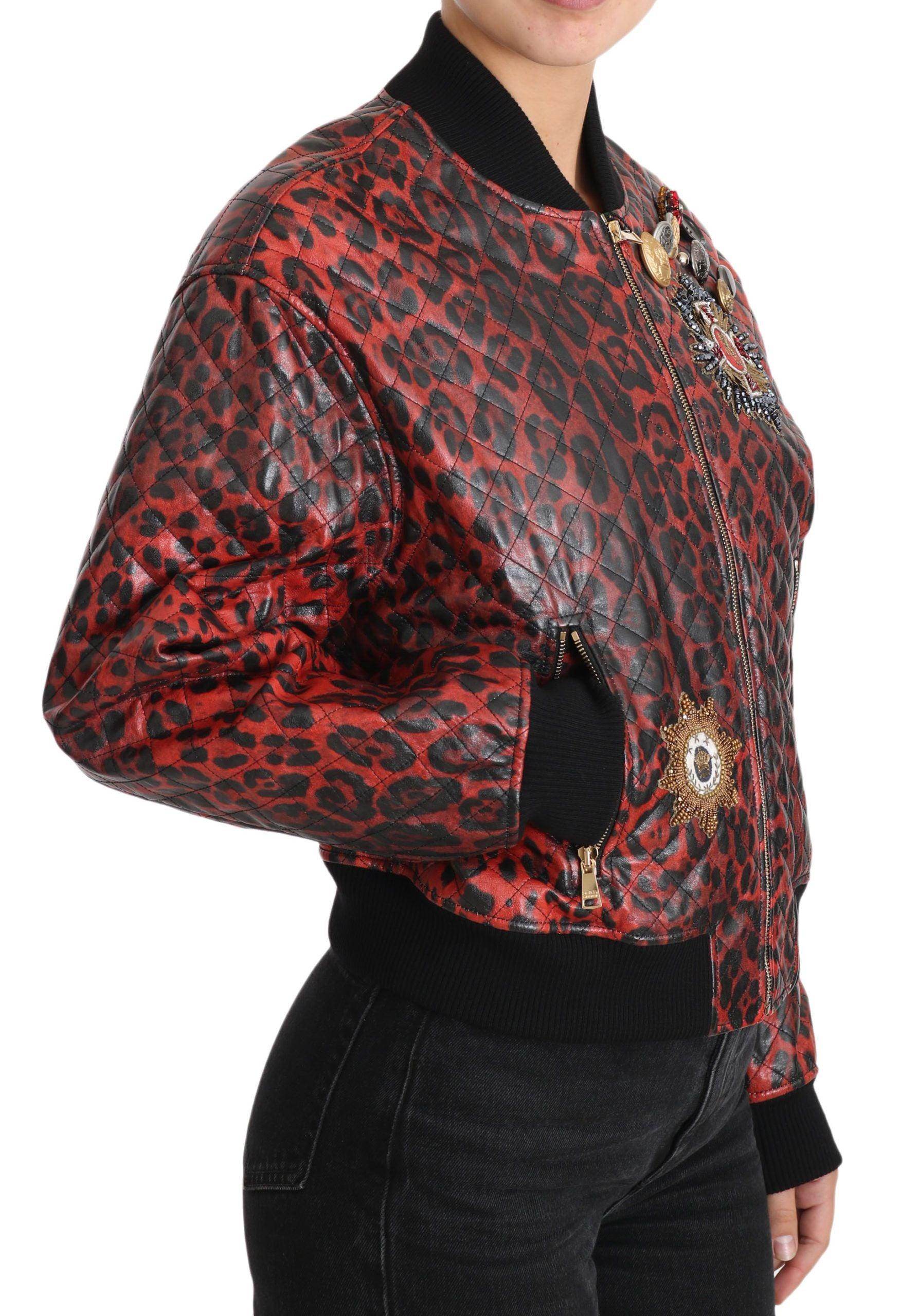 Dolce & Gabbana Red Leopard Bomber Leather Jacket with Crystal Buttons - Hilstor