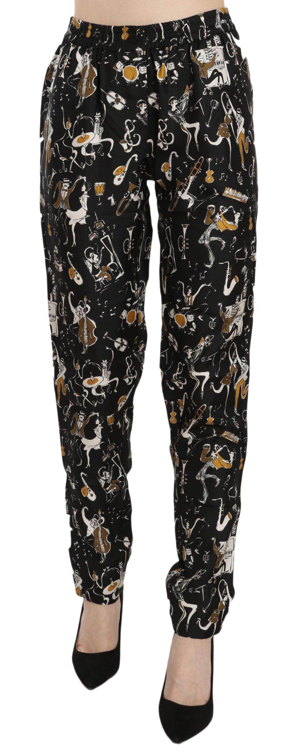 Dolce & Gabbana Black Jazz Club Print High Waist Tapered Pants - Hilstor