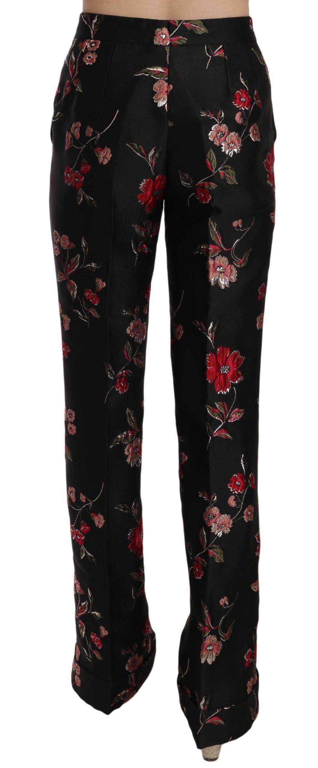 Dolce & Gabbana Floral Print Black Boot Cut Trouser Pants - Hilstor