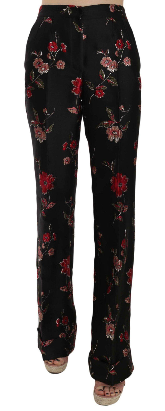 Dolce & Gabbana Floral Print Black Boot Cut Trouser Pants - Hilstor