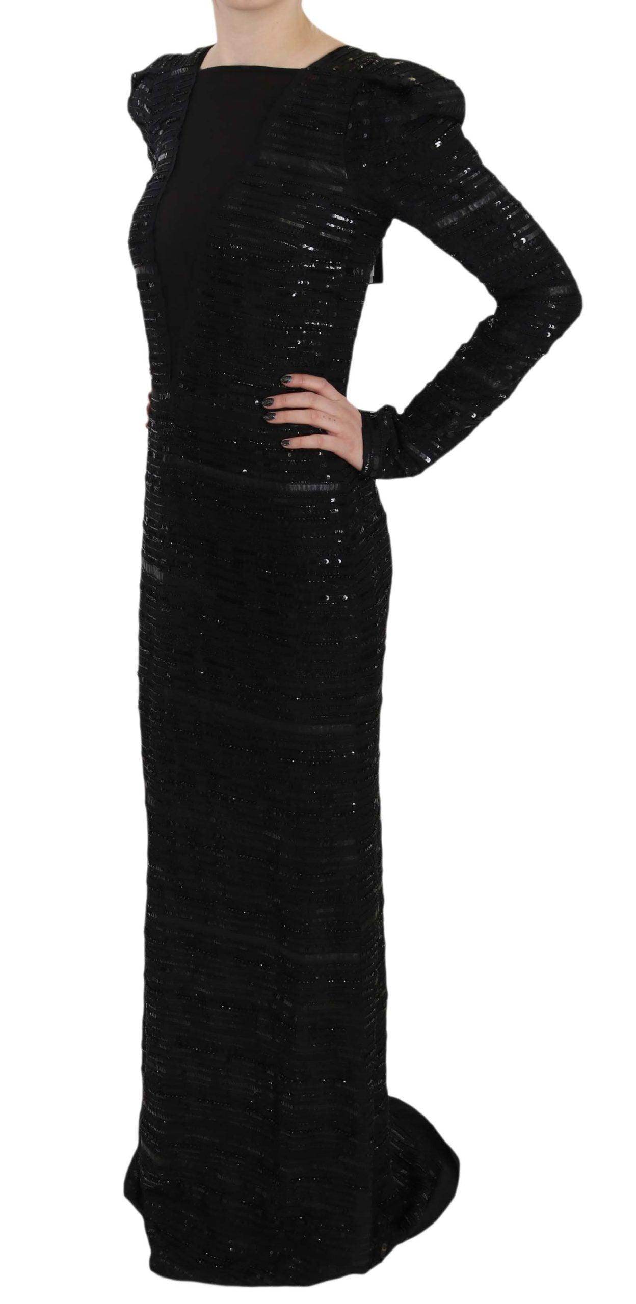 John Richmond Black Silk Full Length Sequined Gown Dress - Hilstor