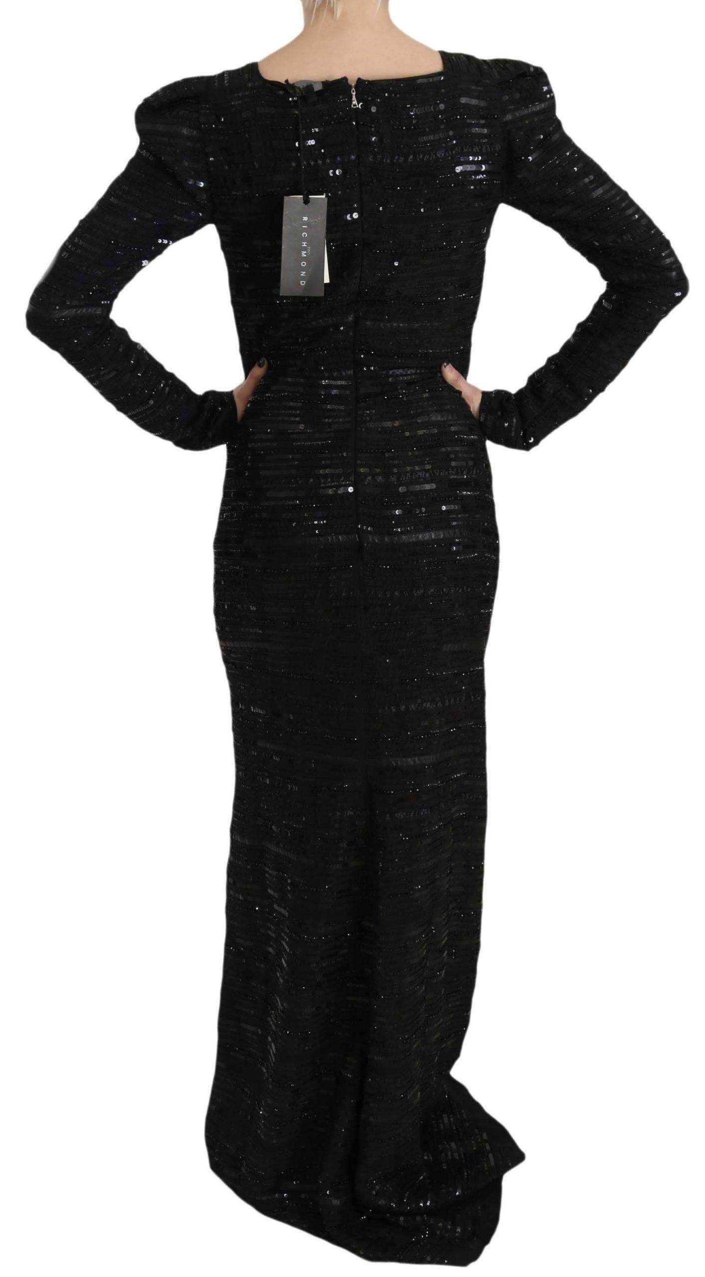 John Richmond Black Silk Full Length Sequined Gown Dress - Hilstor