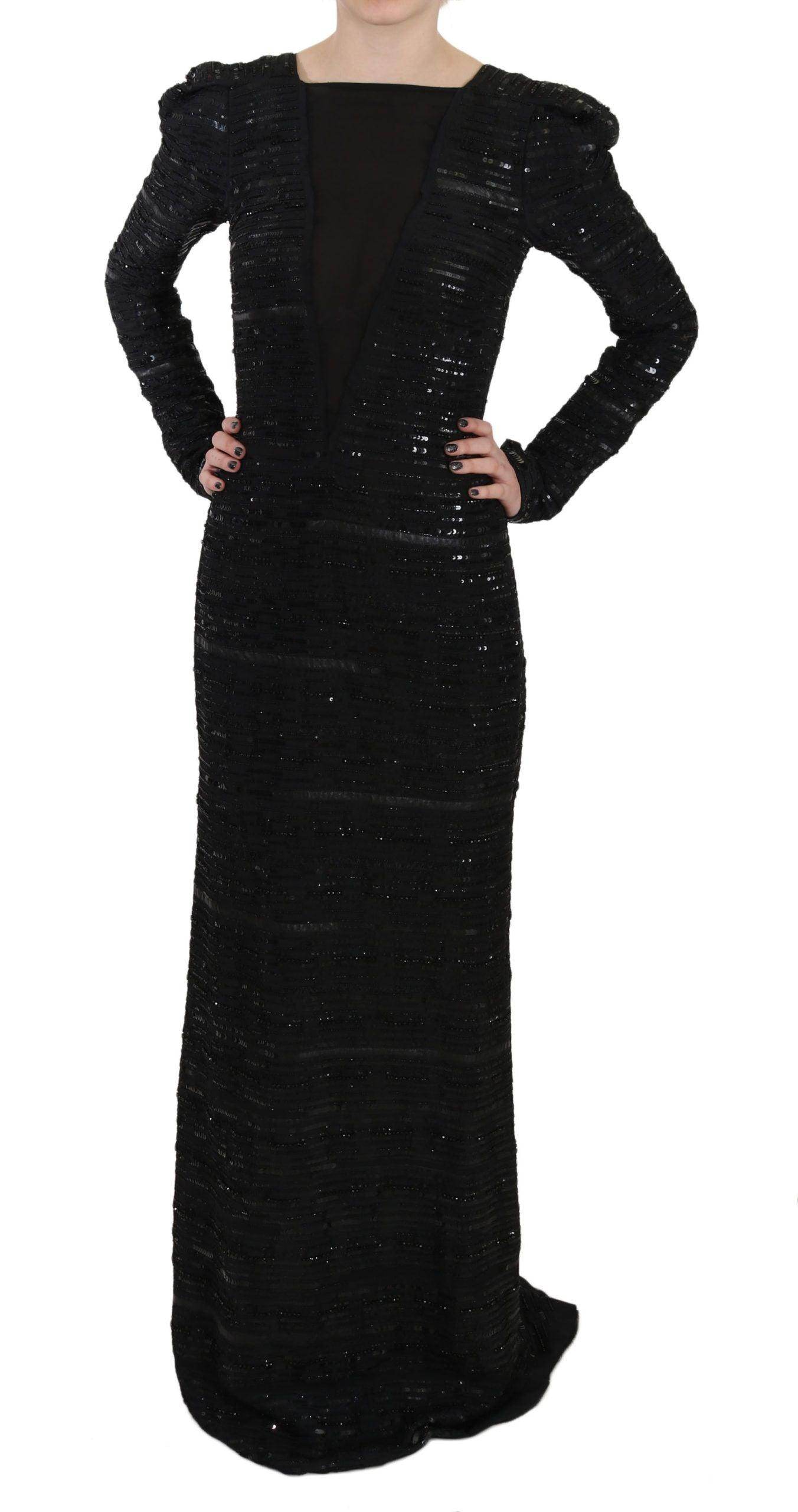 John Richmond Black Silk Full Length Sequined Gown Dress - Hilstor