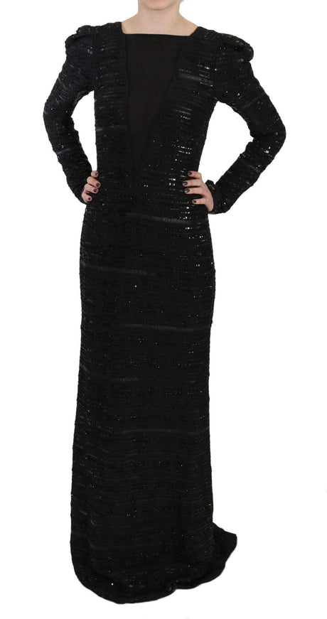 John Richmond Black Silk Full Length Sequined Gown Dress - Hilstor