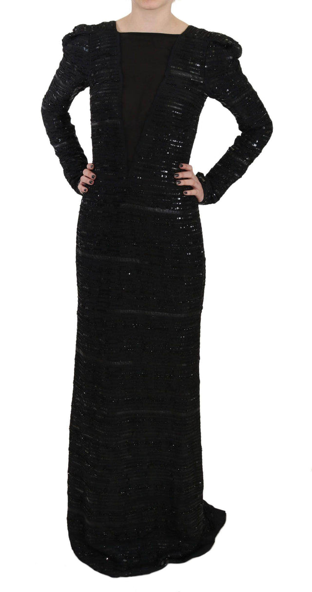 John Richmond Black Silk Full Length Sequined Gown Dress - Hilstor
