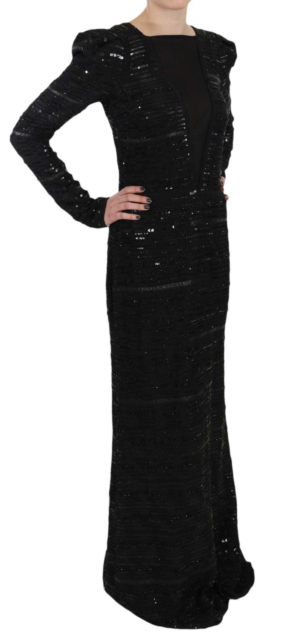 John Richmond Black Silk Full Length Sequined Gown Dress - Hilstor