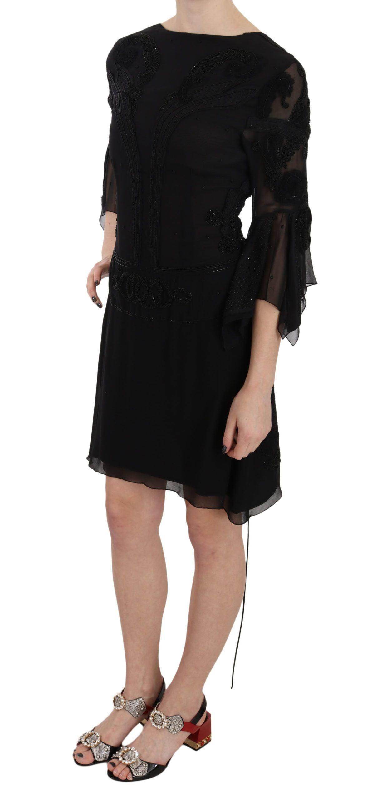 John Richmond Black Sequined Silk Mini Shift Gown - Hilstor
