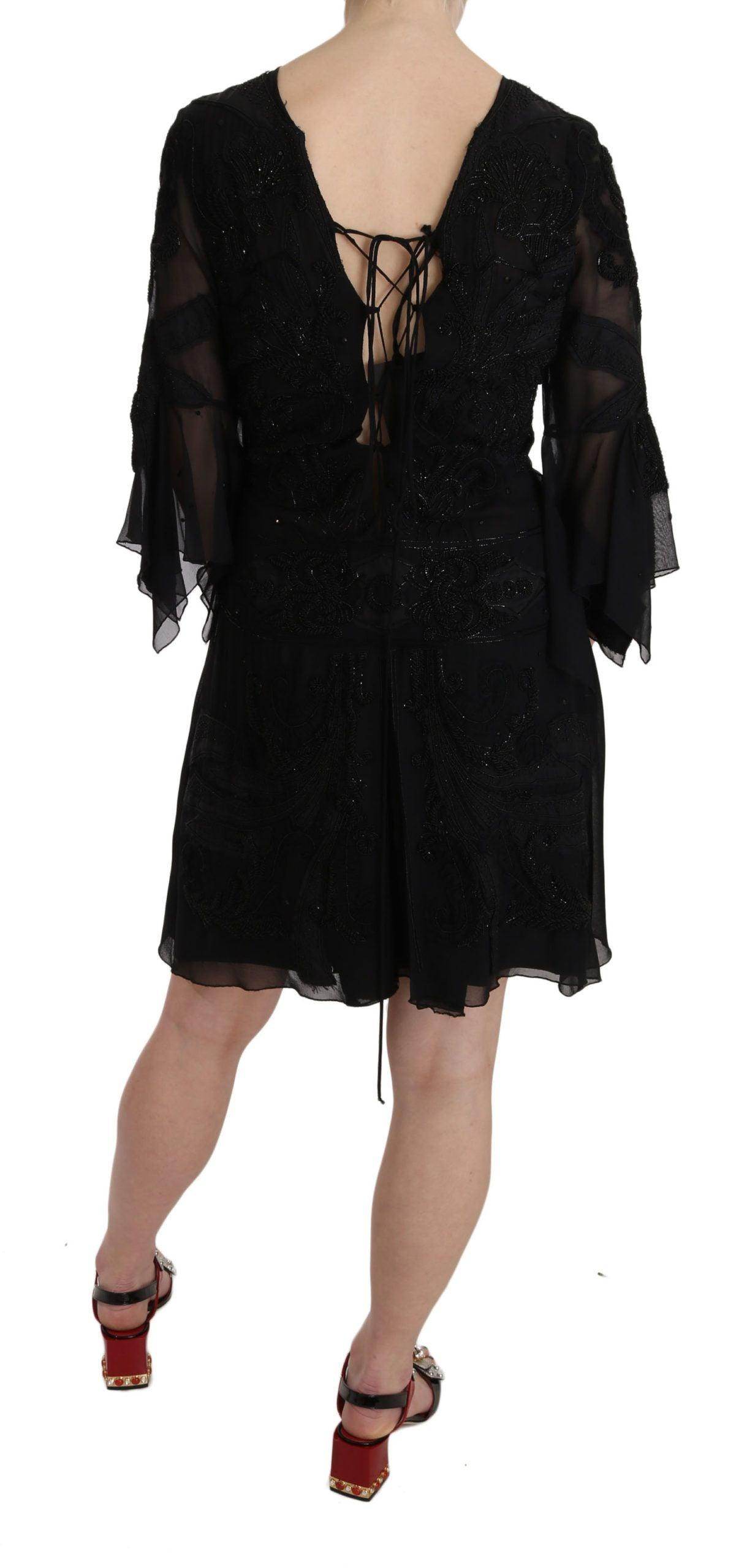 John Richmond Black Sequined Silk Mini Shift Gown - Hilstor
