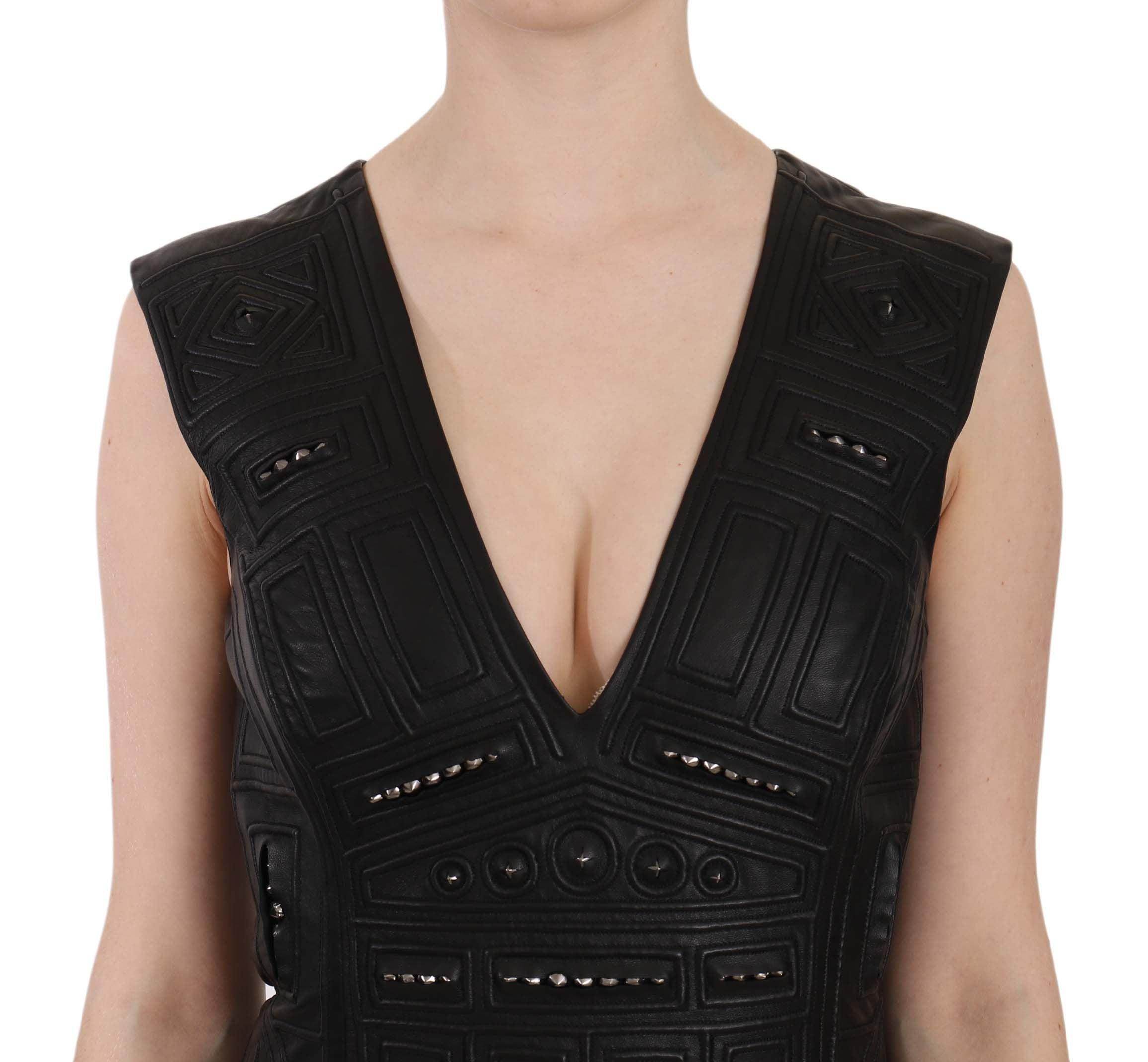 John Richmond Black Leather Studded Mini Shift Dress - Hilstor