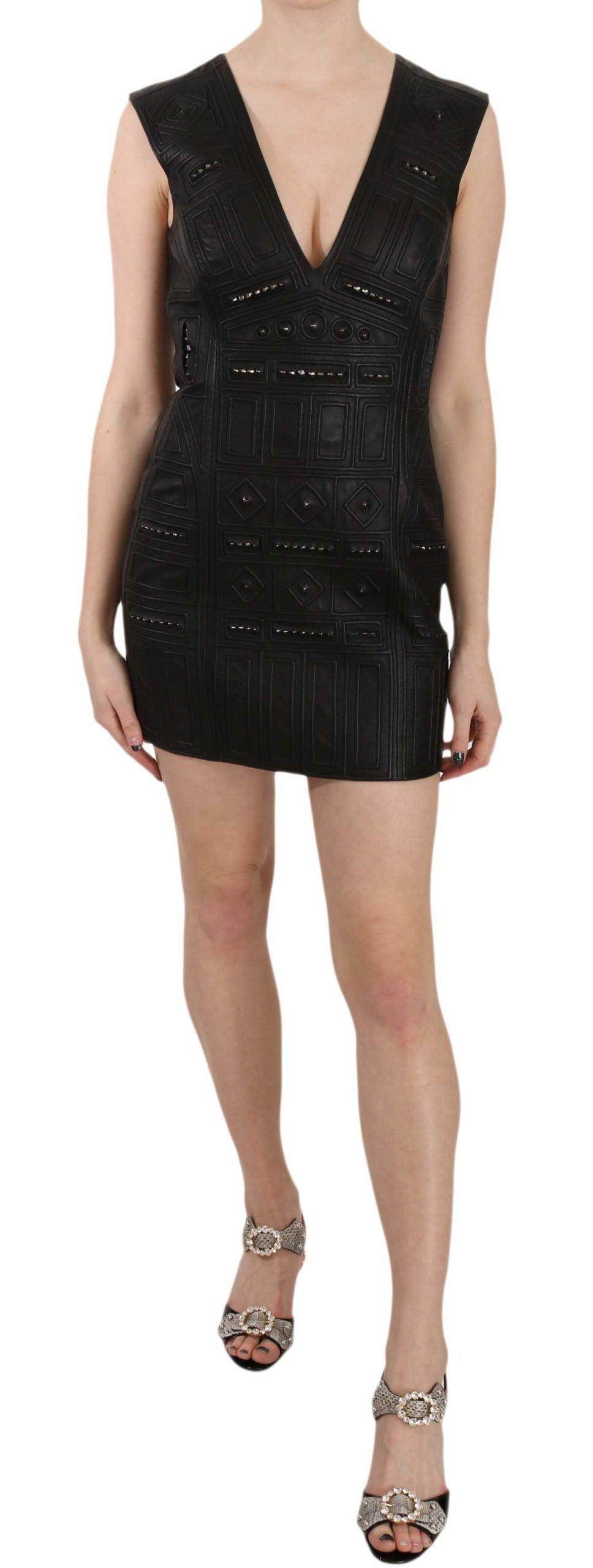 John Richmond Black Leather Studded Mini Shift Dress - Hilstor