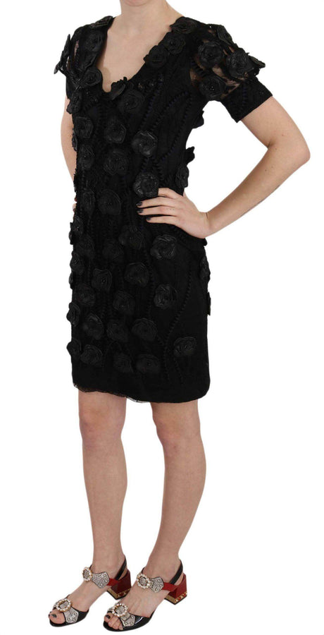 John Richmond Black Silk Leather Flowers Sheath Dress - Hilstor